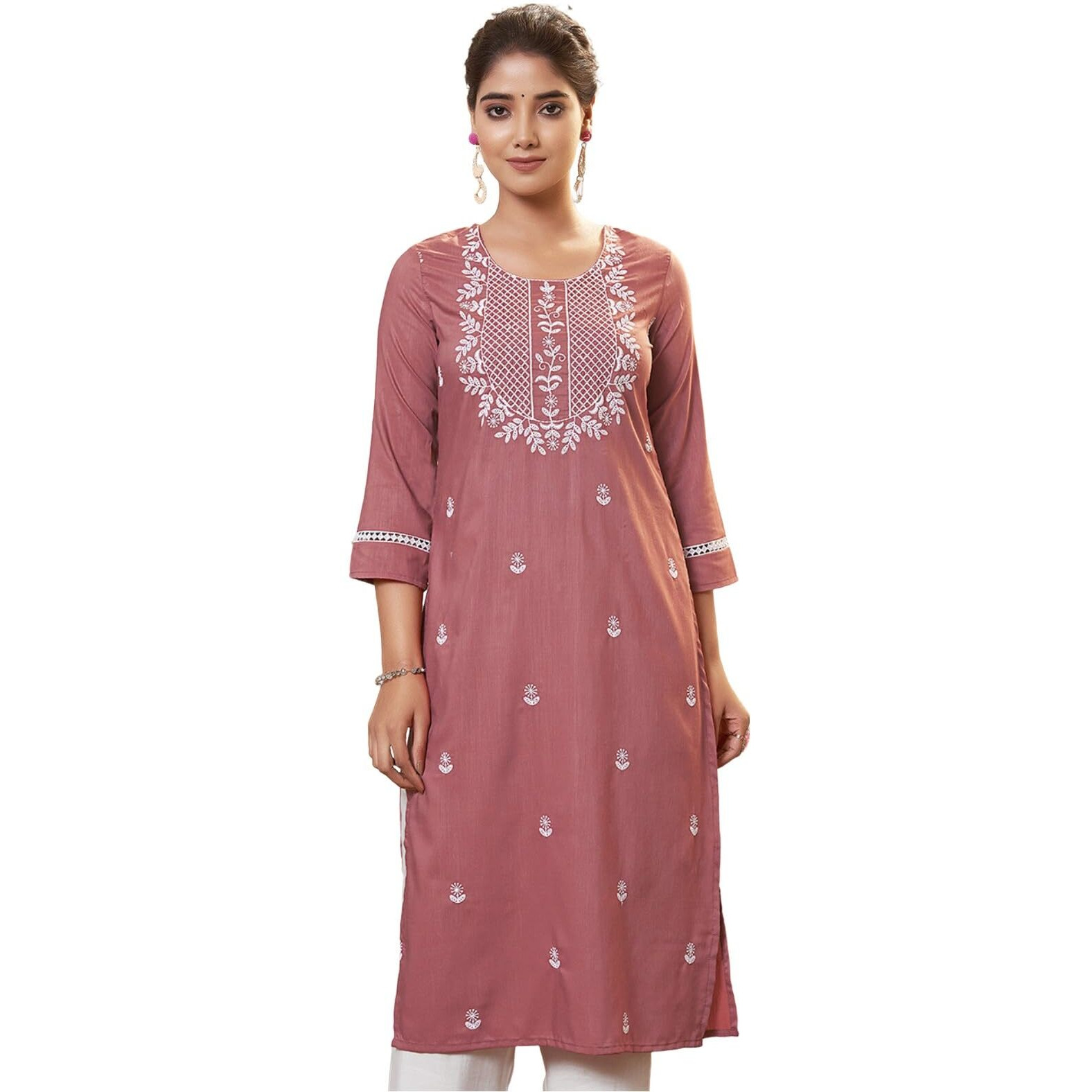 Sanisa Women's Chinnon Chikankari Embroidery Straight Kurti (473K10014N-M_Dusty Pink)