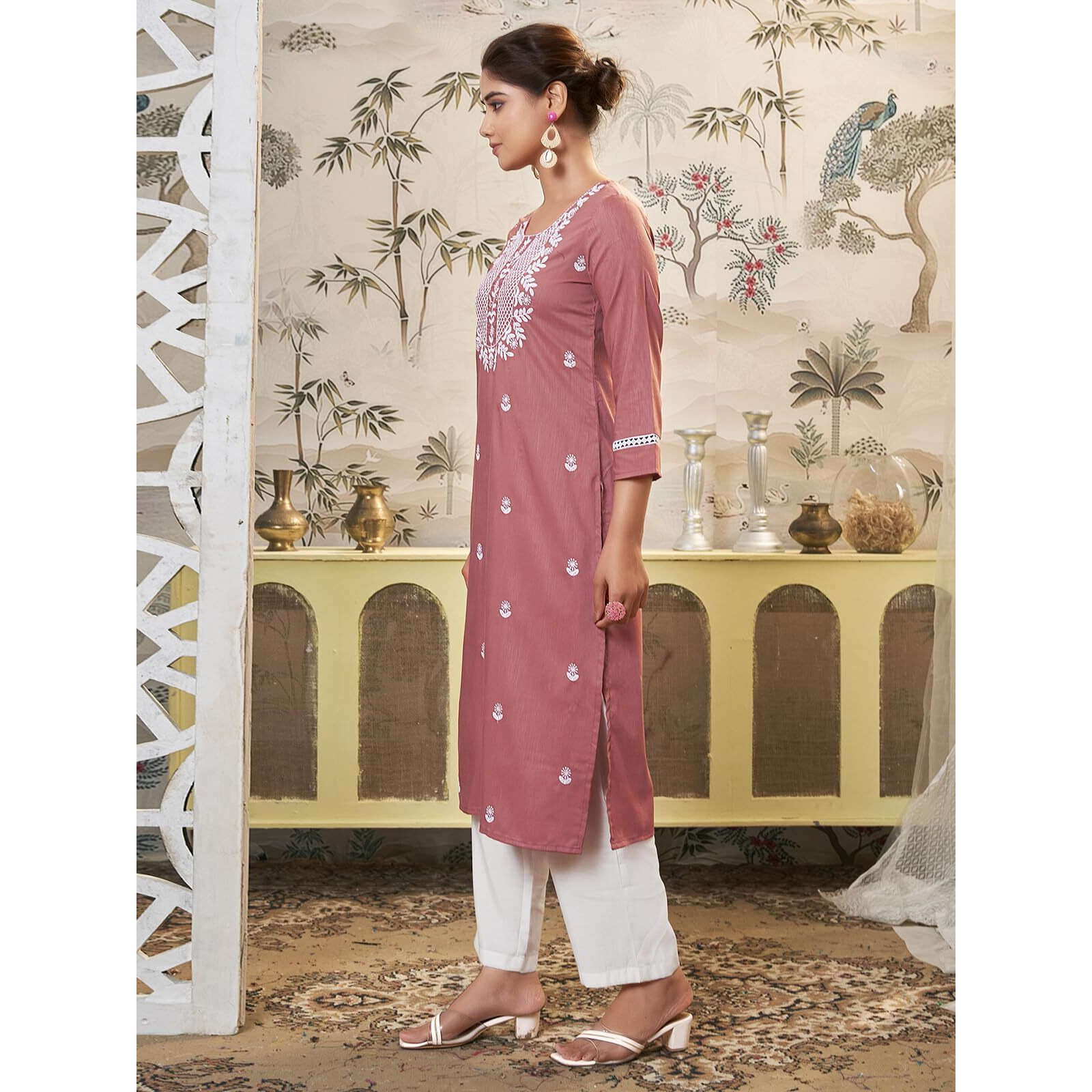 Sanisa Women's Chinnon Chikankari Embroidery Straight Kurti (473K10014N-M_Dusty Pink)