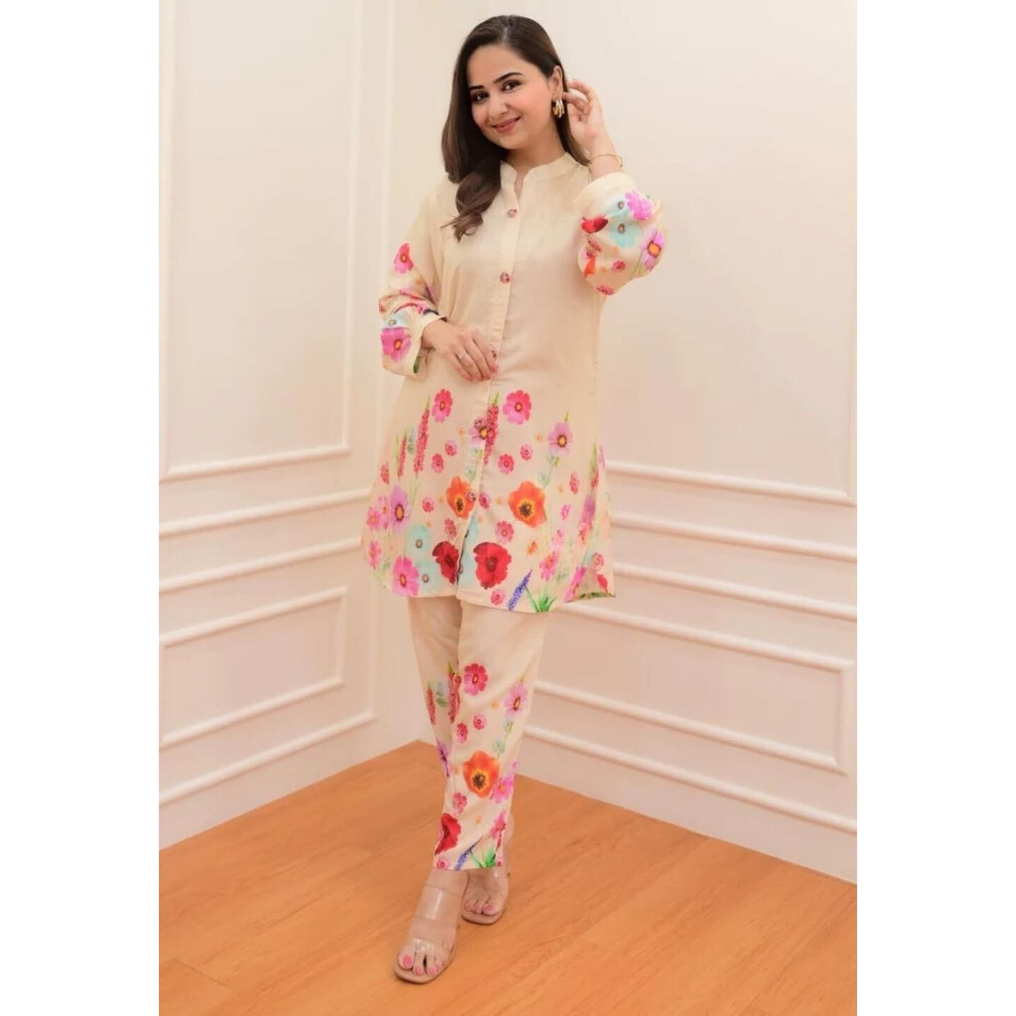 Leriya Fashion Ethnic Co Ord Set for Women Kurta Set for Women | 2 Piece Kurta Set | Kurta with Pant for Women | Co-ord Set (Large, Cream)