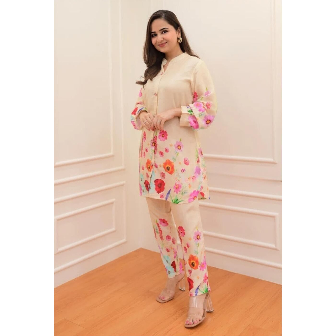 Leriya Fashion Ethnic Co Ord Set for Women Kurta Set for Women | 2 Piece Kurta Set | Kurta with Pant for Women | Co-ord Set (Large, Cream)