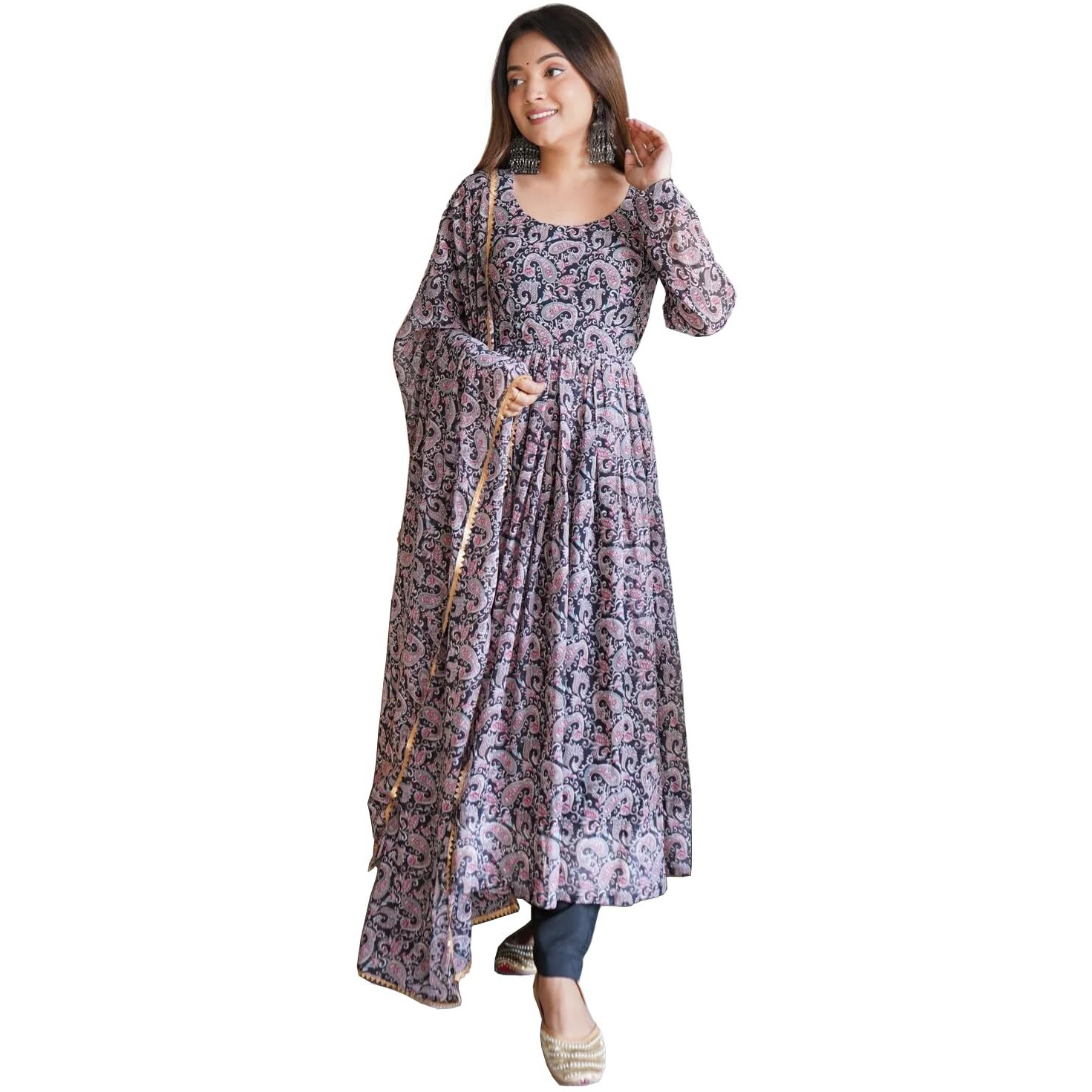 Dresser Women Floral Print Anarkali Kurta With Pant and Dupatta (Large, Black)