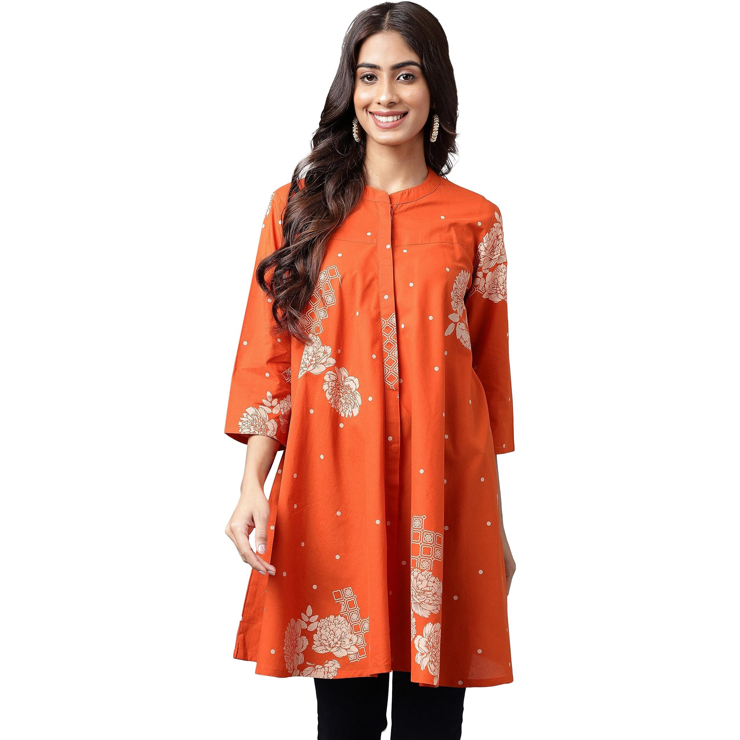 Janasya Women's Orange Cotton Floral Printed Flared Tunic(JNE4206-TU-M)