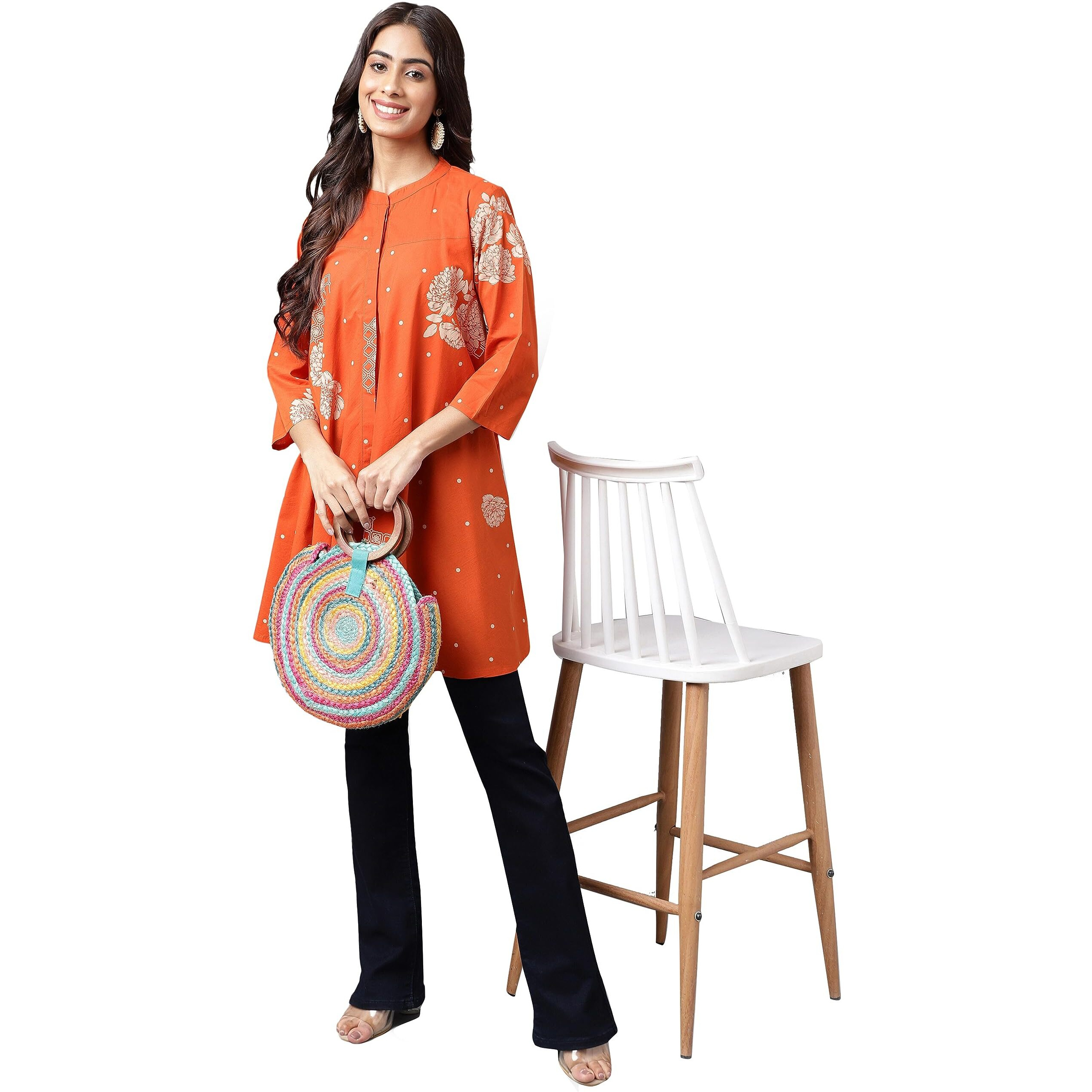 Janasya Women's Orange Cotton Floral Printed Flared Tunic(JNE4206-TU-M)