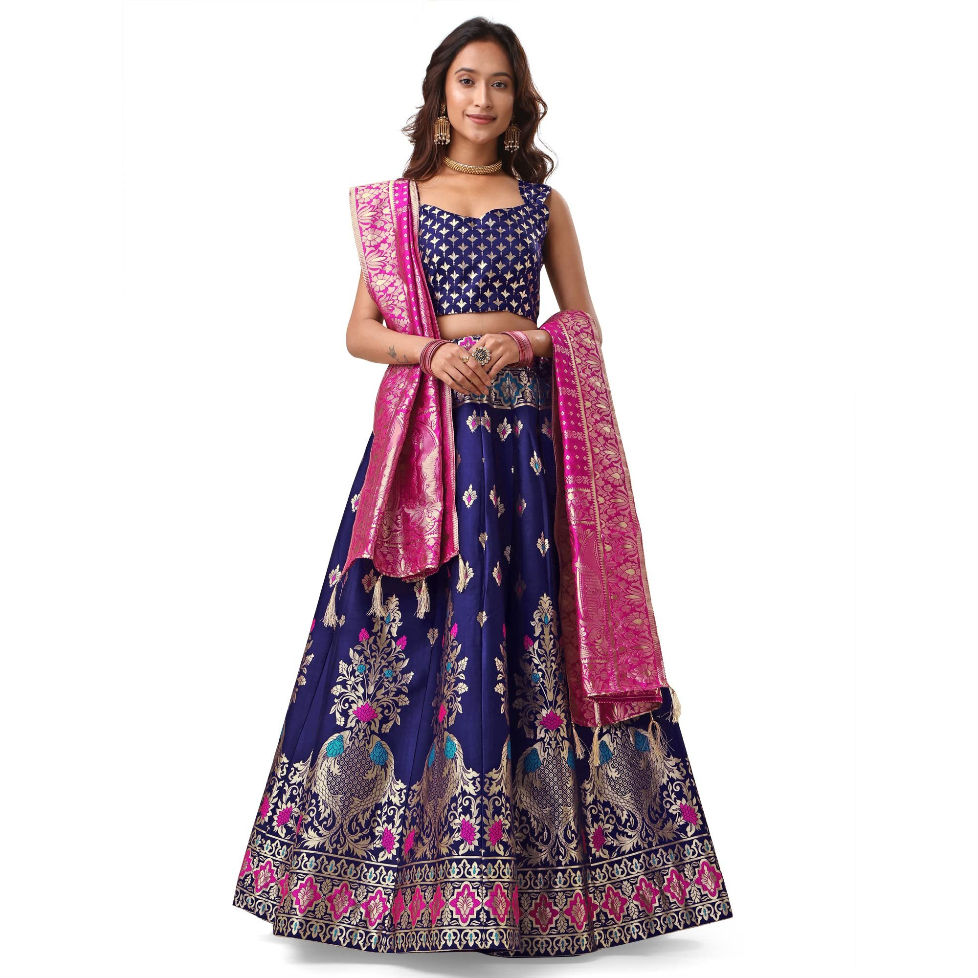 PURVAJA Women's Jacquard Semi-Stitched Lehenga choli (Indra-Navy-Blue_Navy-Blue_Free Size)