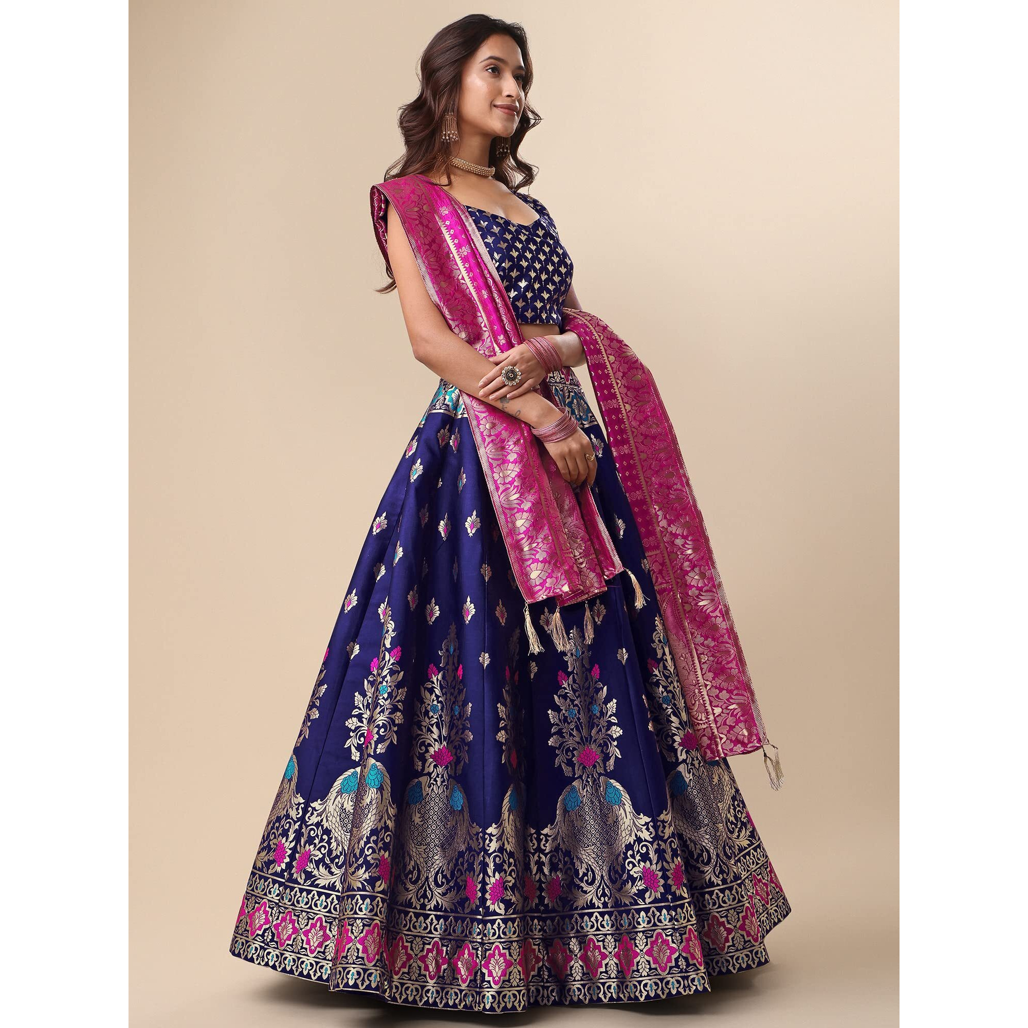 PURVAJA Women's Jacquard Semi-Stitched Lehenga choli (Indra-Navy-Blue_Navy-Blue_Free Size)
