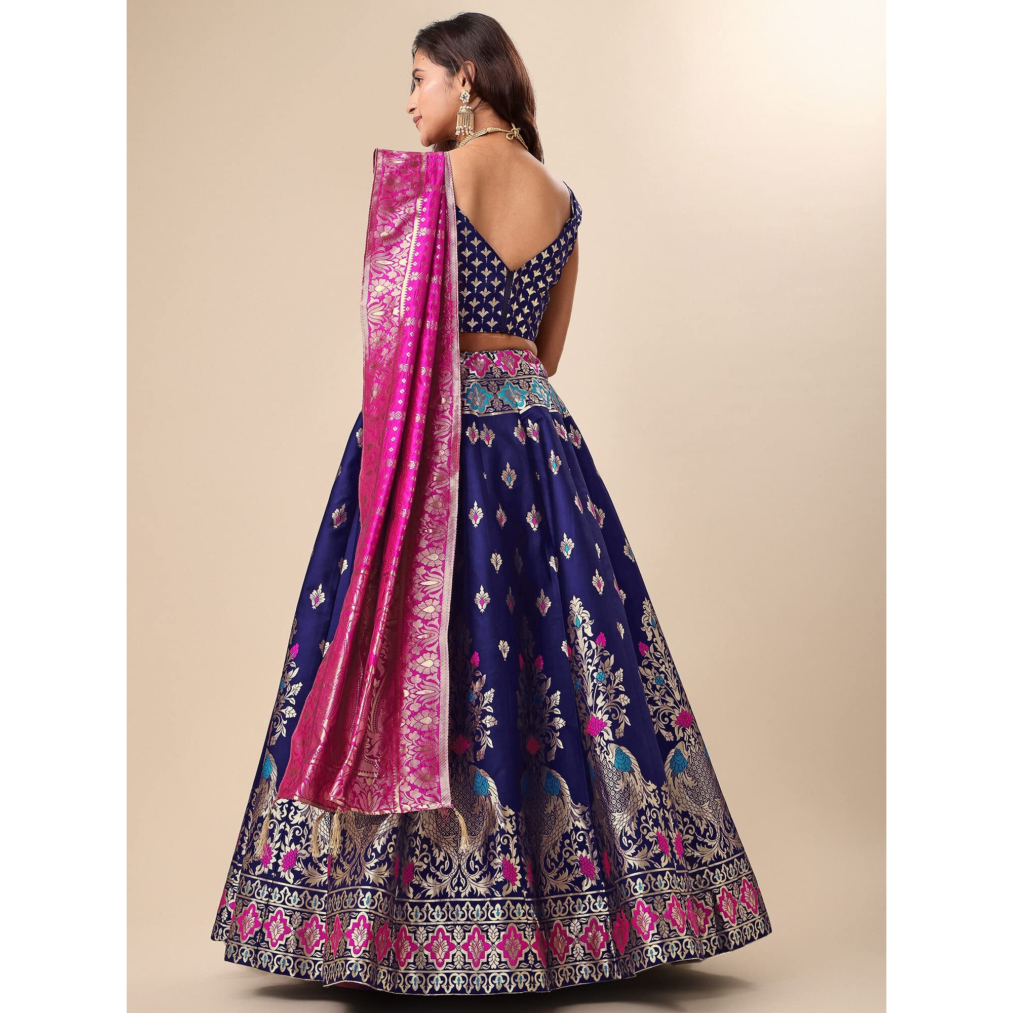 PURVAJA Women's Jacquard Semi-Stitched Lehenga choli (Indra-Navy-Blue_Navy-Blue_Free Size)