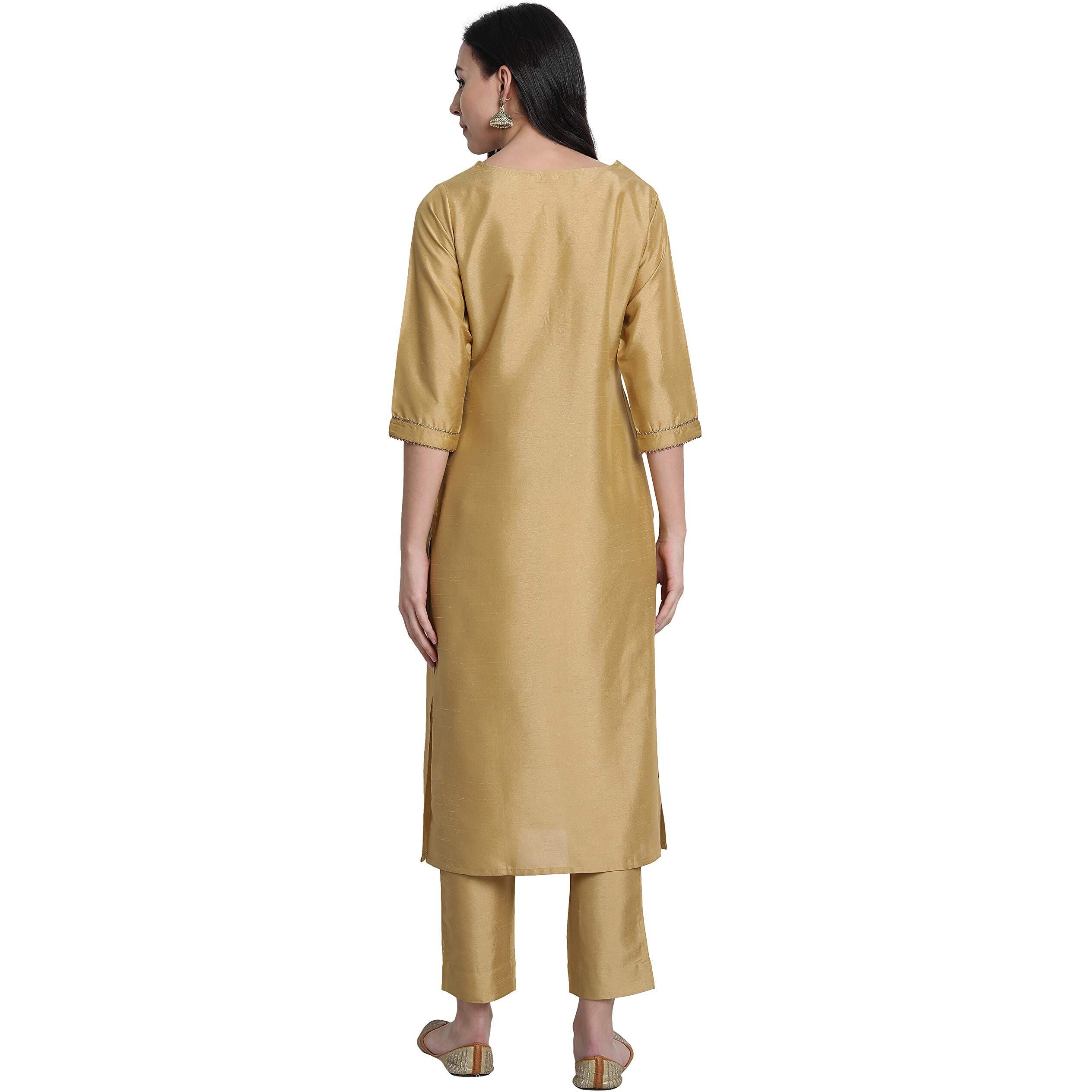 Janasya Women's Gold Poly Silk Solid Kurta with Pant and Dupatta