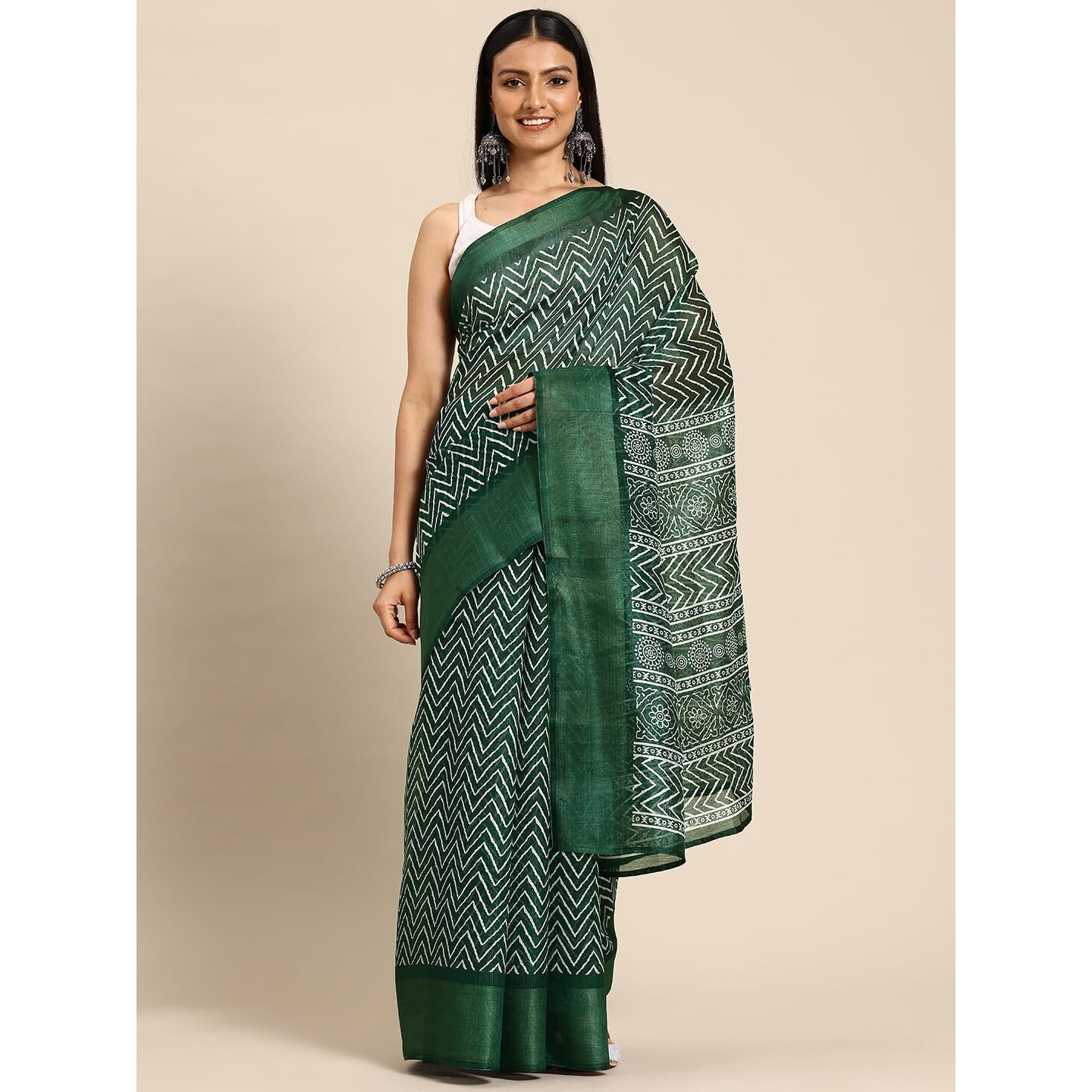 Shiv Textiles Poly Cotton Leheriya Floral Print Saree For Women With Unstitched Blouse (ST-9660-GREEN)