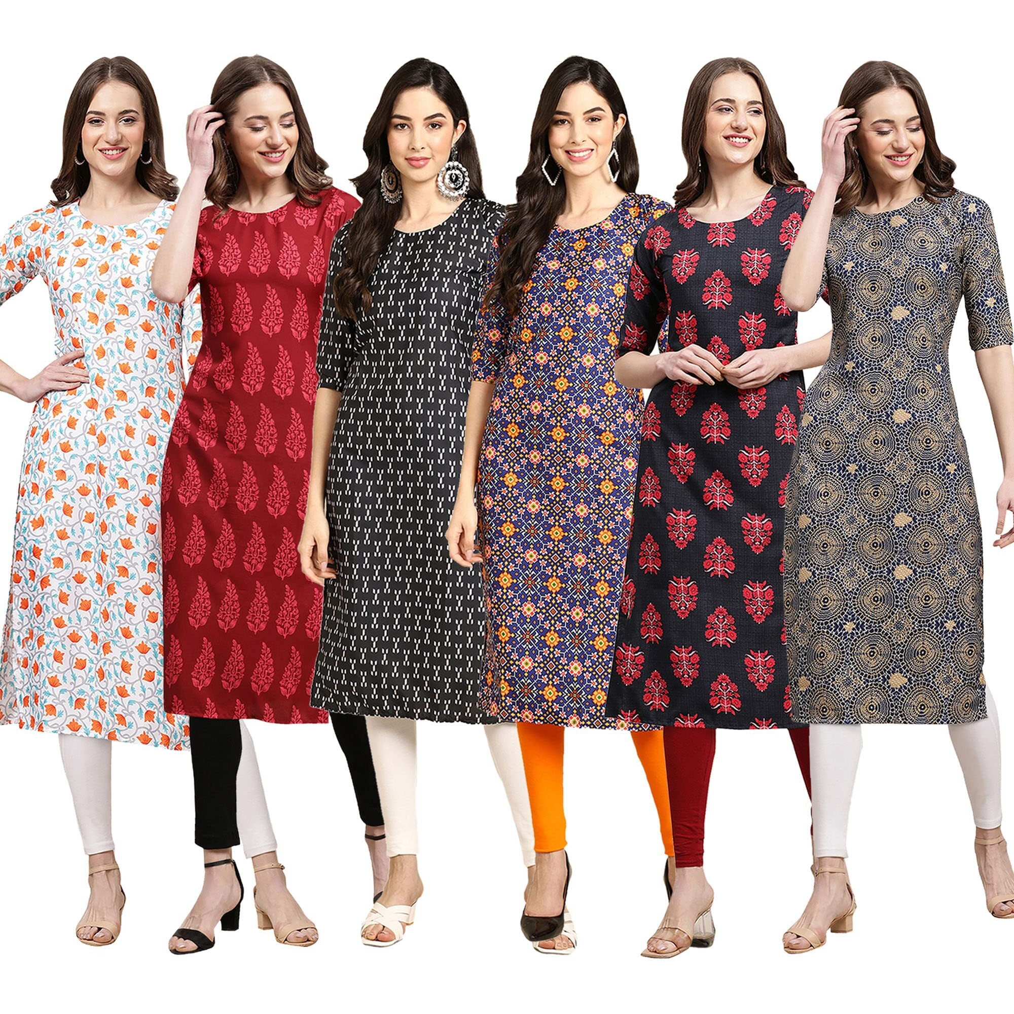 Pinkmint Women's Crepe Digital Print Straight Kurta Pack of 6 [CR-334-337-362-369-345-341-XL]