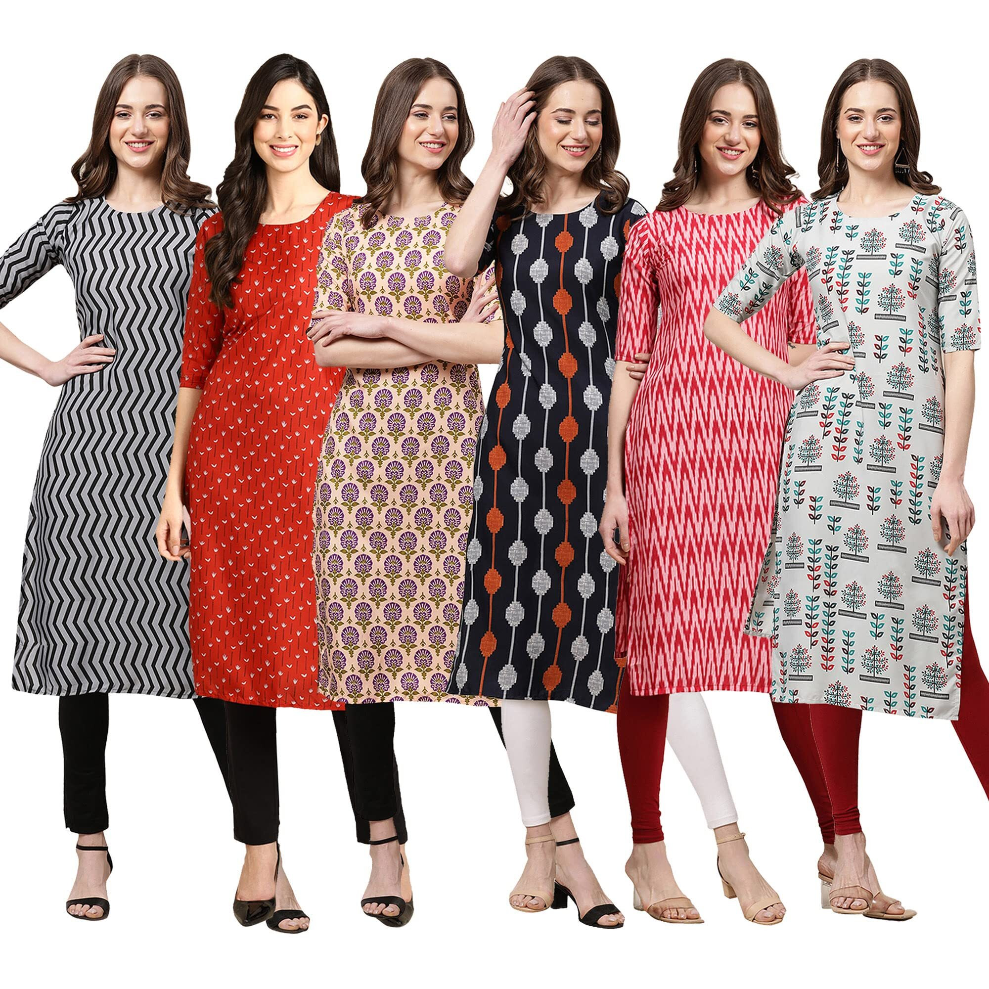 Pinkmint Women's Crepe Digital Print Straight Kurta Pack of 6 [CR-336-370-332-330-328-340-XXL]