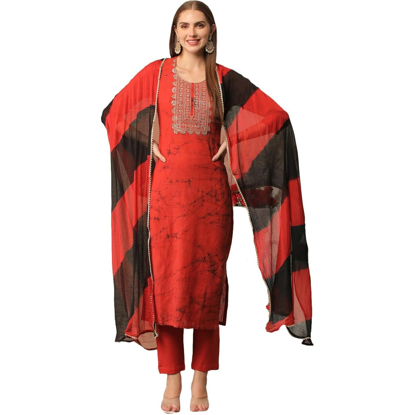 GoSriKi Women's Cotton Blend Printed Straight Kurta with Pant & Dupatta (Atal Red-GS_M_Maroon_Medium)