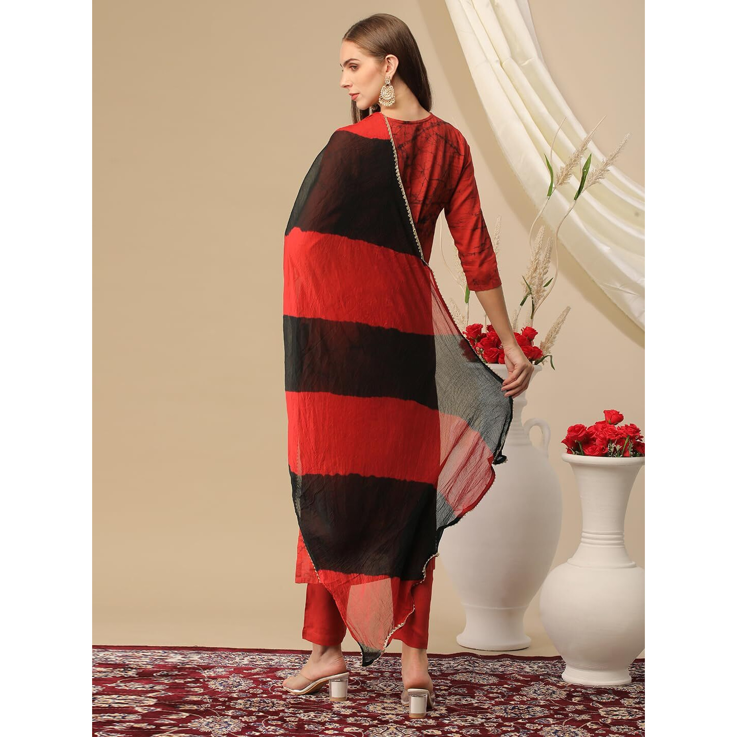 GoSriKi Women's Cotton Blend Printed Straight Kurta with Pant & Dupatta (Atal Red-GS_M_Maroon_Medium)