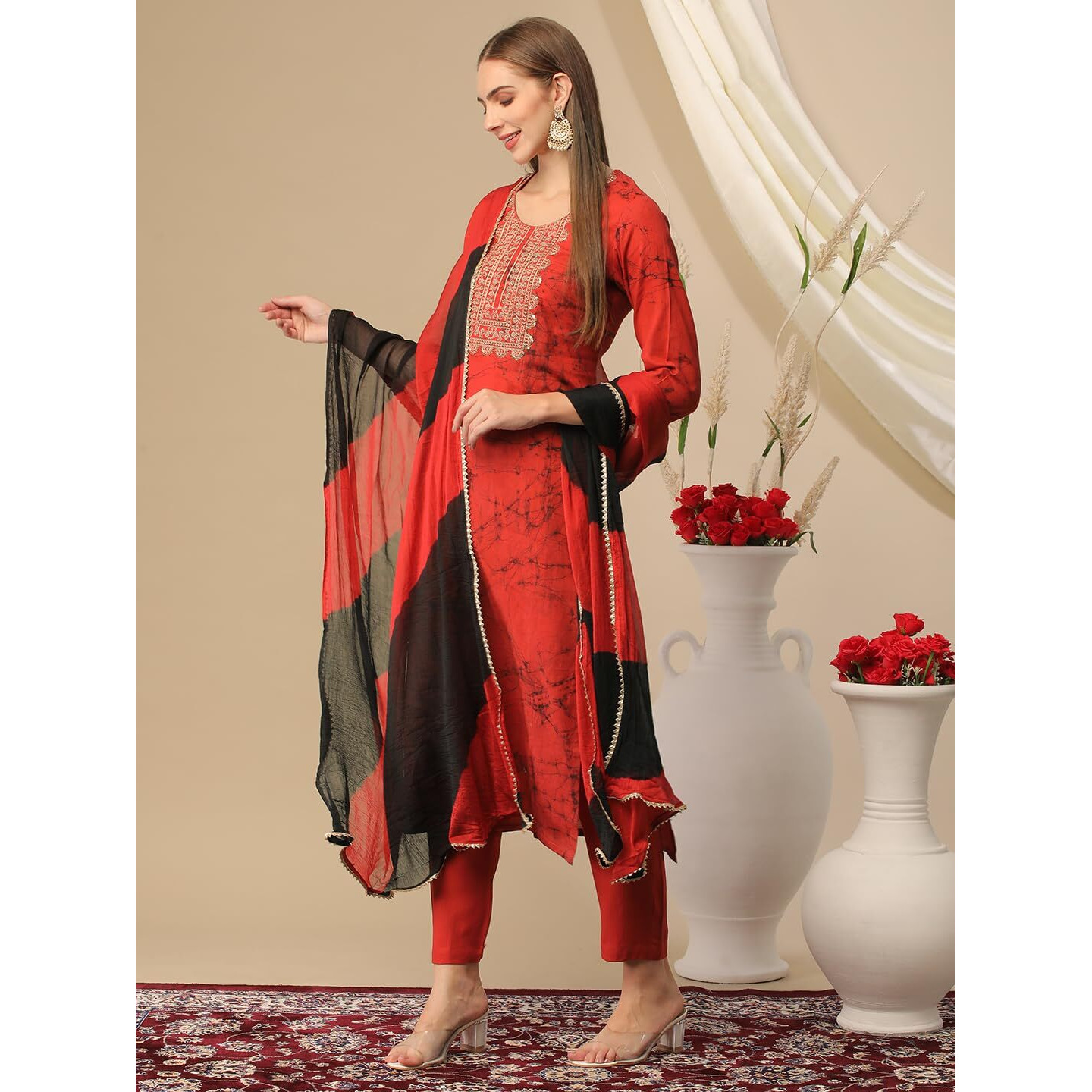 GoSriKi Women's Cotton Blend Printed Straight Kurta with Pant & Dupatta (Atal Red-GS_M_Maroon_Medium)