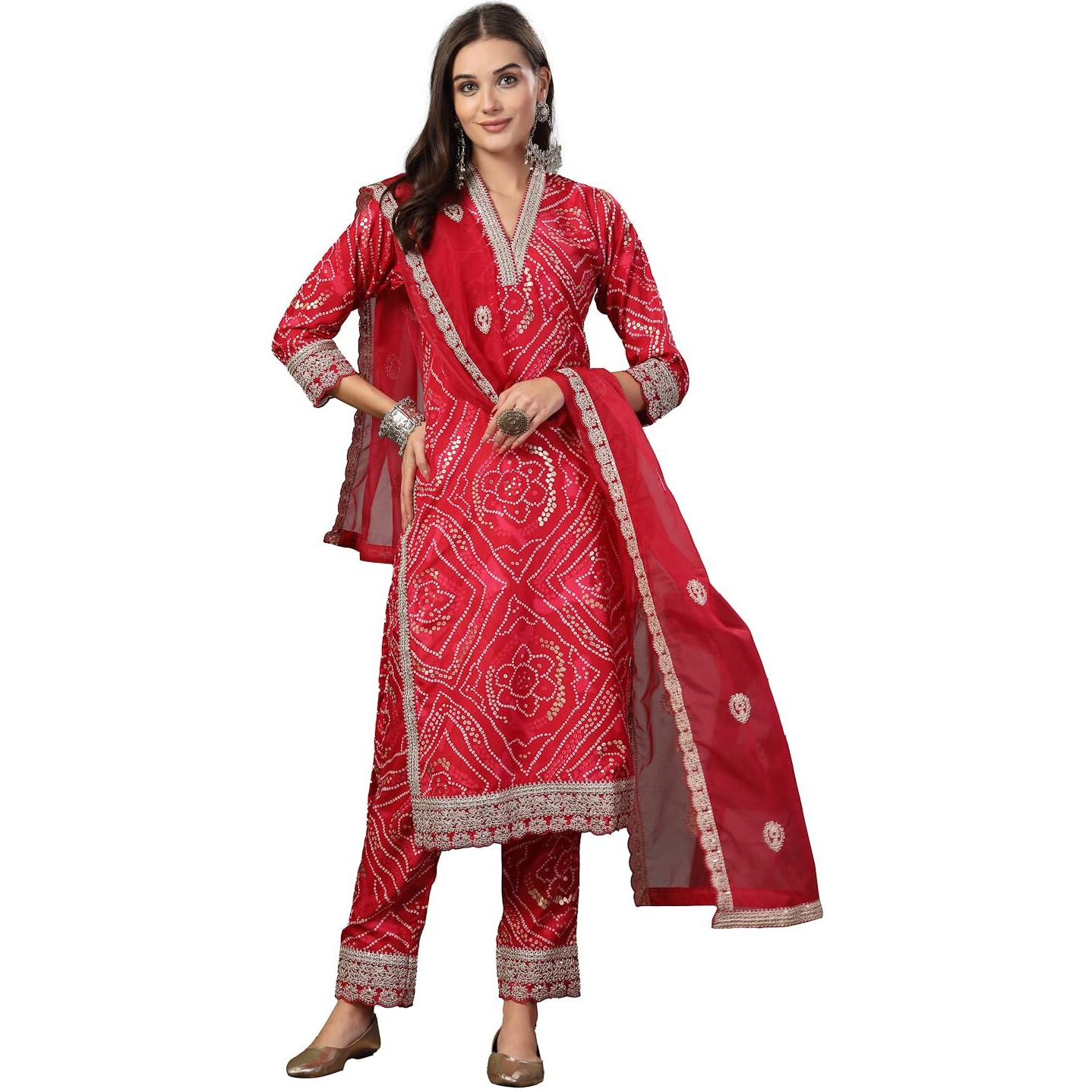 Stylum Women's Bandhani Print & Embroidered Muslin Straight Kurta Pant Dupatta Set (KPDPINKBANNO40_Pink, L)