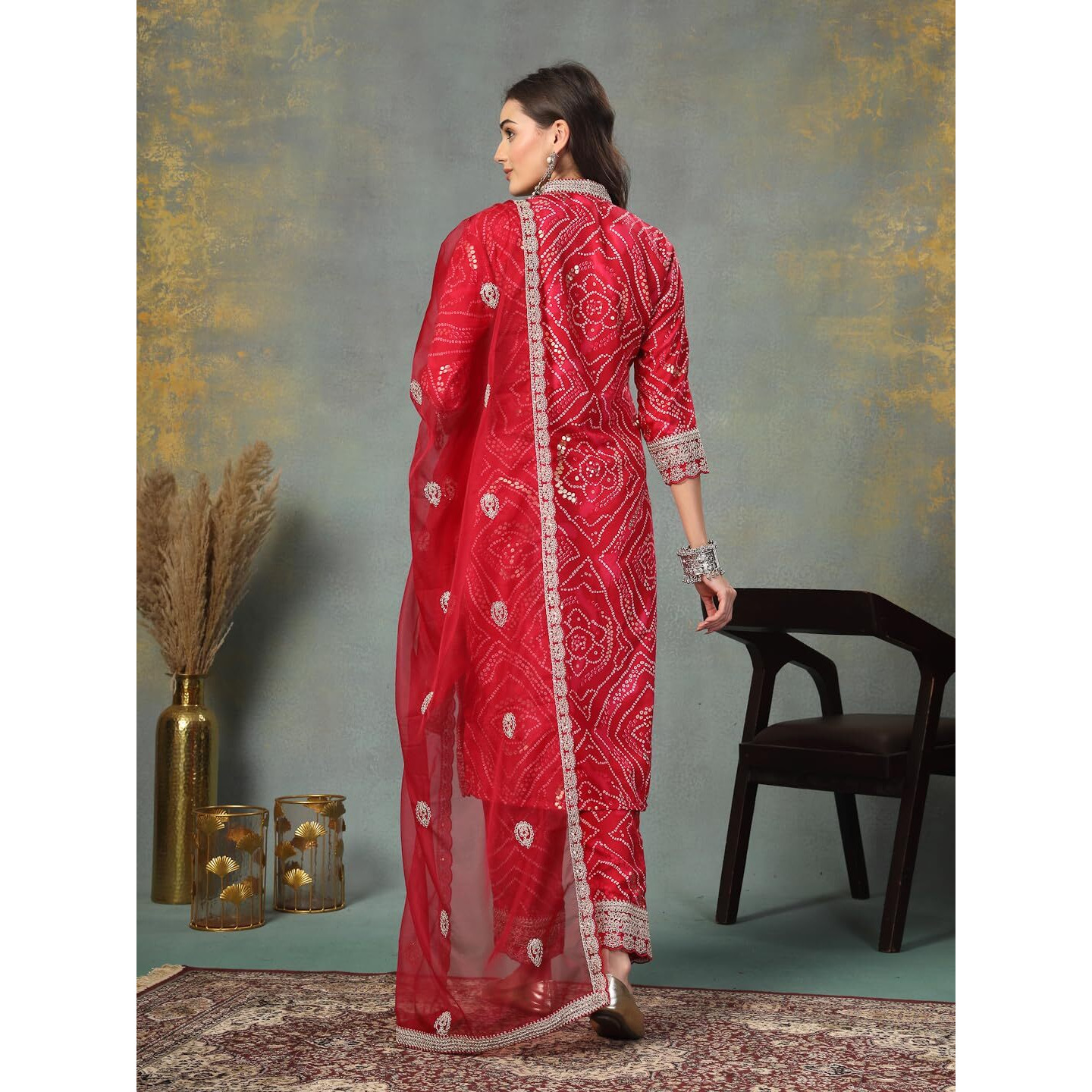 Stylum Women's Bandhani Print & Embroidered Muslin Straight Kurta Pant Dupatta Set (KPDPINKBANNO40_Pink, L)