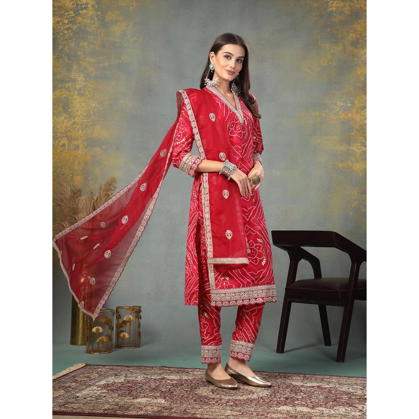 Stylum Women's Bandhani Print & Embroidered Muslin Straight Kurta Pant Dupatta Set (KPDPINKBANNO40_Pink, L)