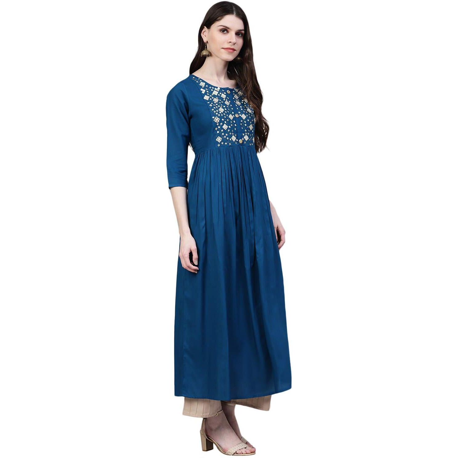 Stylum Women's Embroidered Rayon Flared Kurta (Noorteal34_Teal Blue, XS)