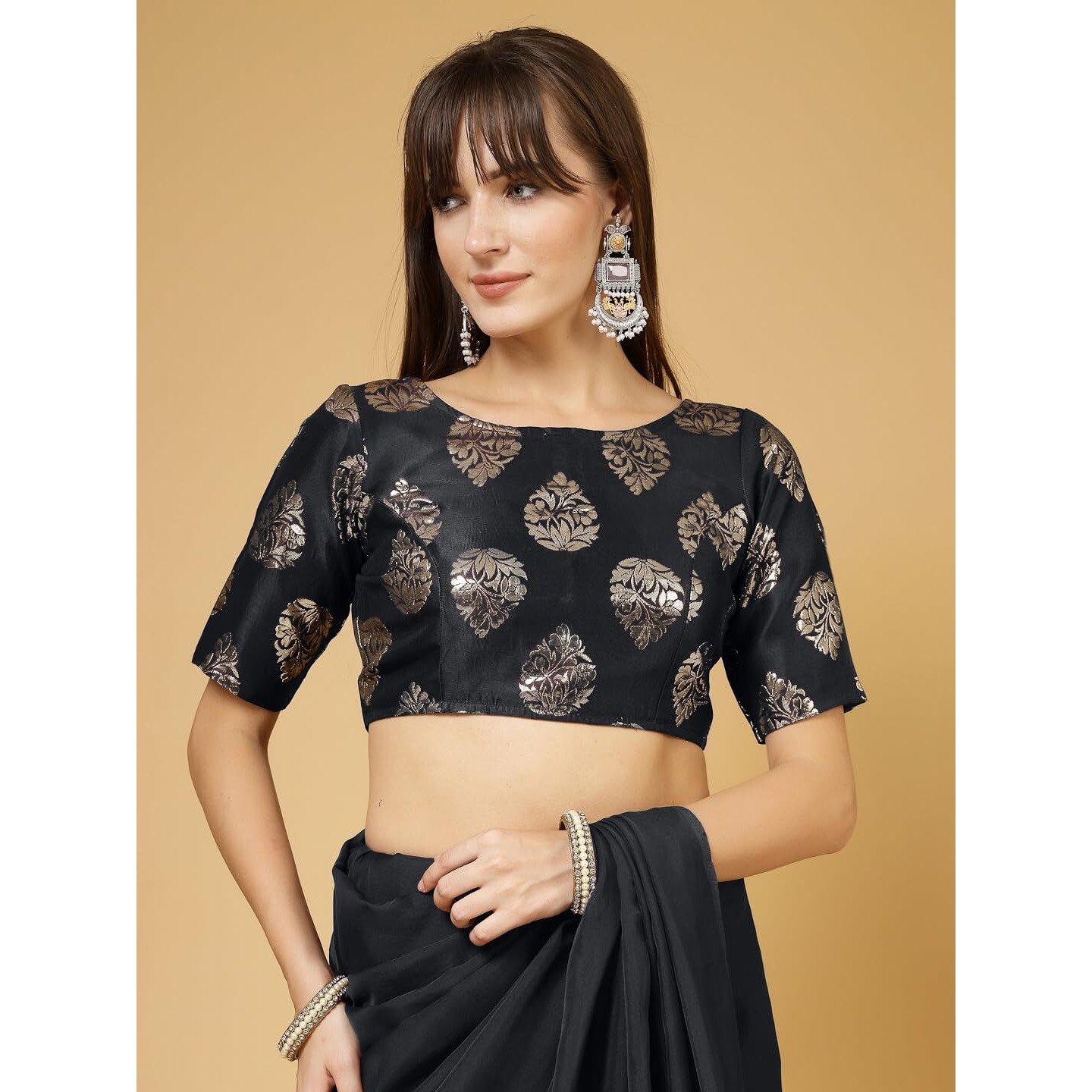 OOMPH Women's Indian Ethnic Wear Designer Big Paisley Pattern Zari Work Boat Neck Half Sleeve Jet Black Color Brocade Readymade Blouse for Saree or Lehnga and Fusion Twist. M