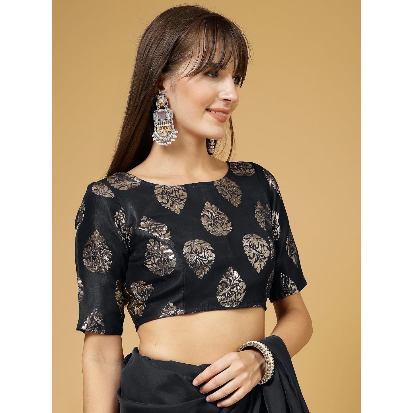 OOMPH Women's Indian Ethnic Wear Designer Big Paisley Pattern Zari Work Boat Neck Half Sleeve Jet Black Color Brocade Readymade Blouse for Saree or Lehnga and Fusion Twist. M