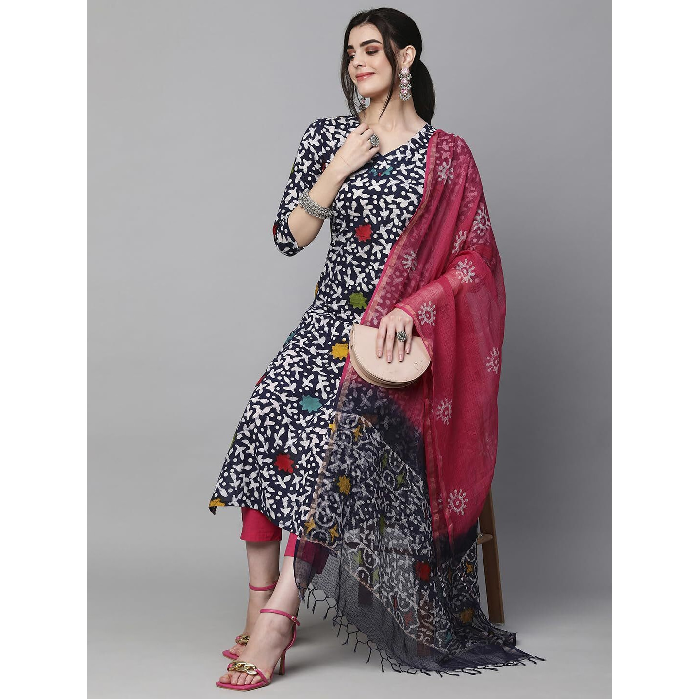 ANNI DESIGNER Women's Cotton Blend Printed Straight Kurta with Pant & Dupatta (Khara Blue_M_Blue_Medium)