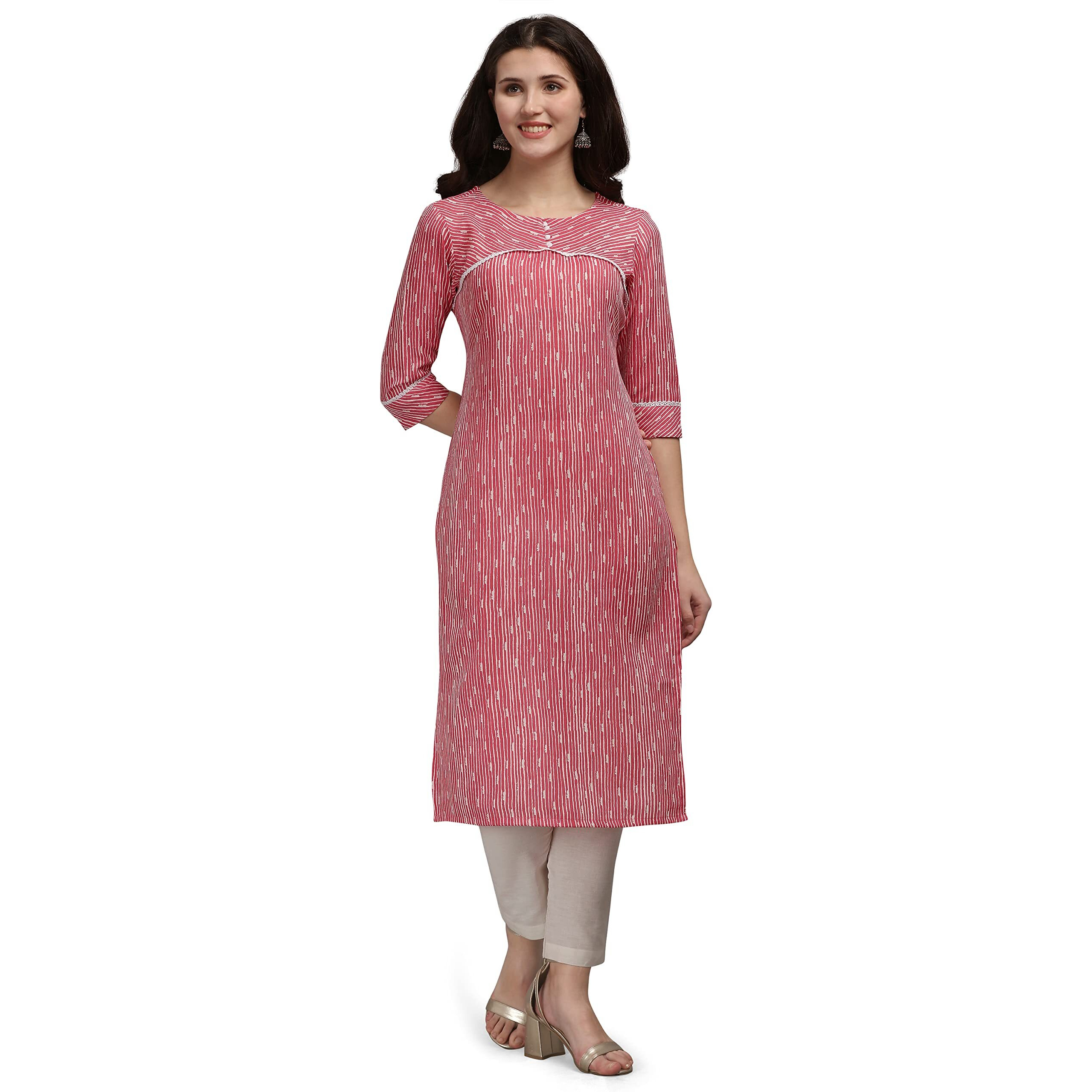 NAINVISH Women's Cotton Blend Straight Round Neck Printed Kurta (SD197_K-XL_Pink)