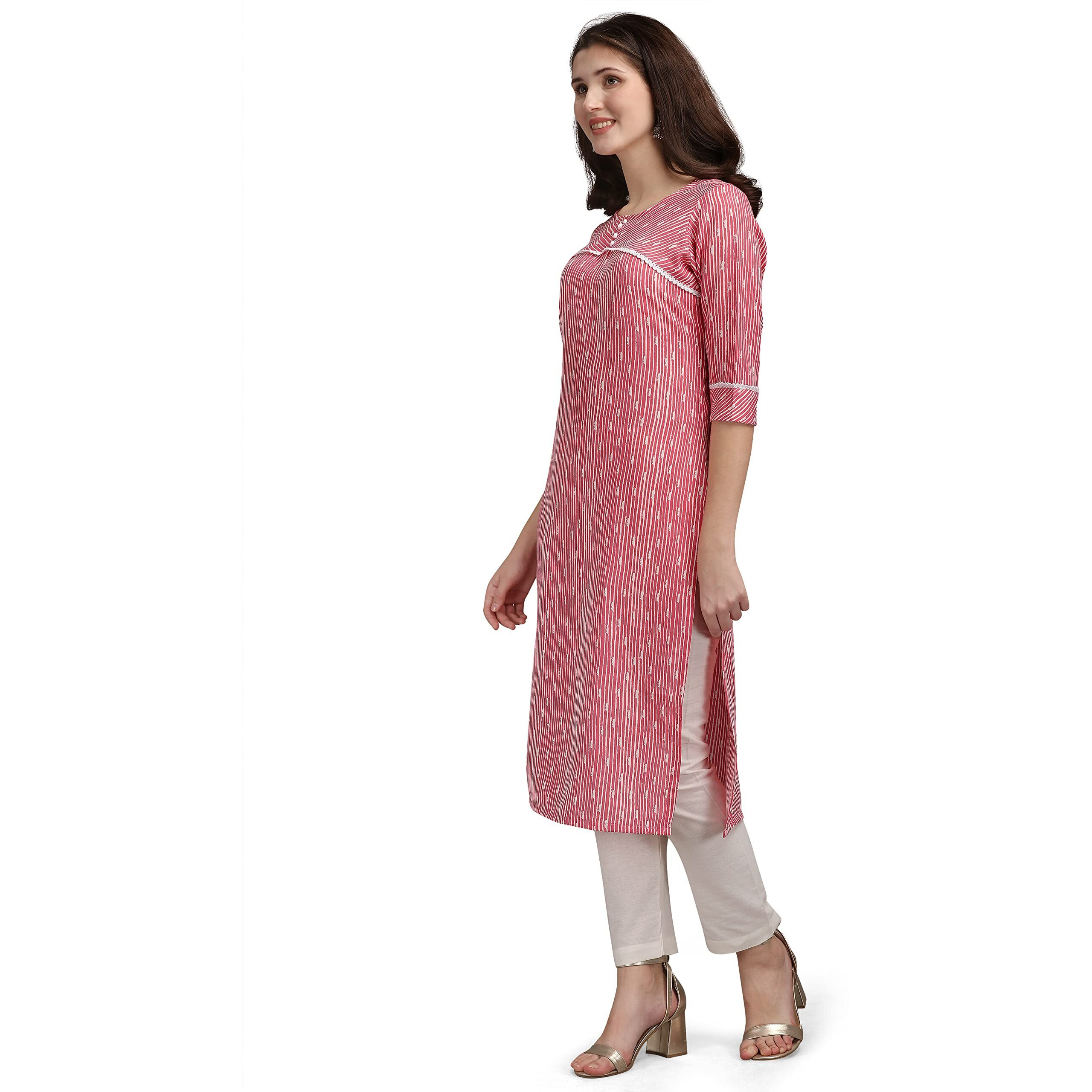 NAINVISH Women's Cotton Blend Straight Round Neck Printed Kurta (SD197_K-XL_Pink)