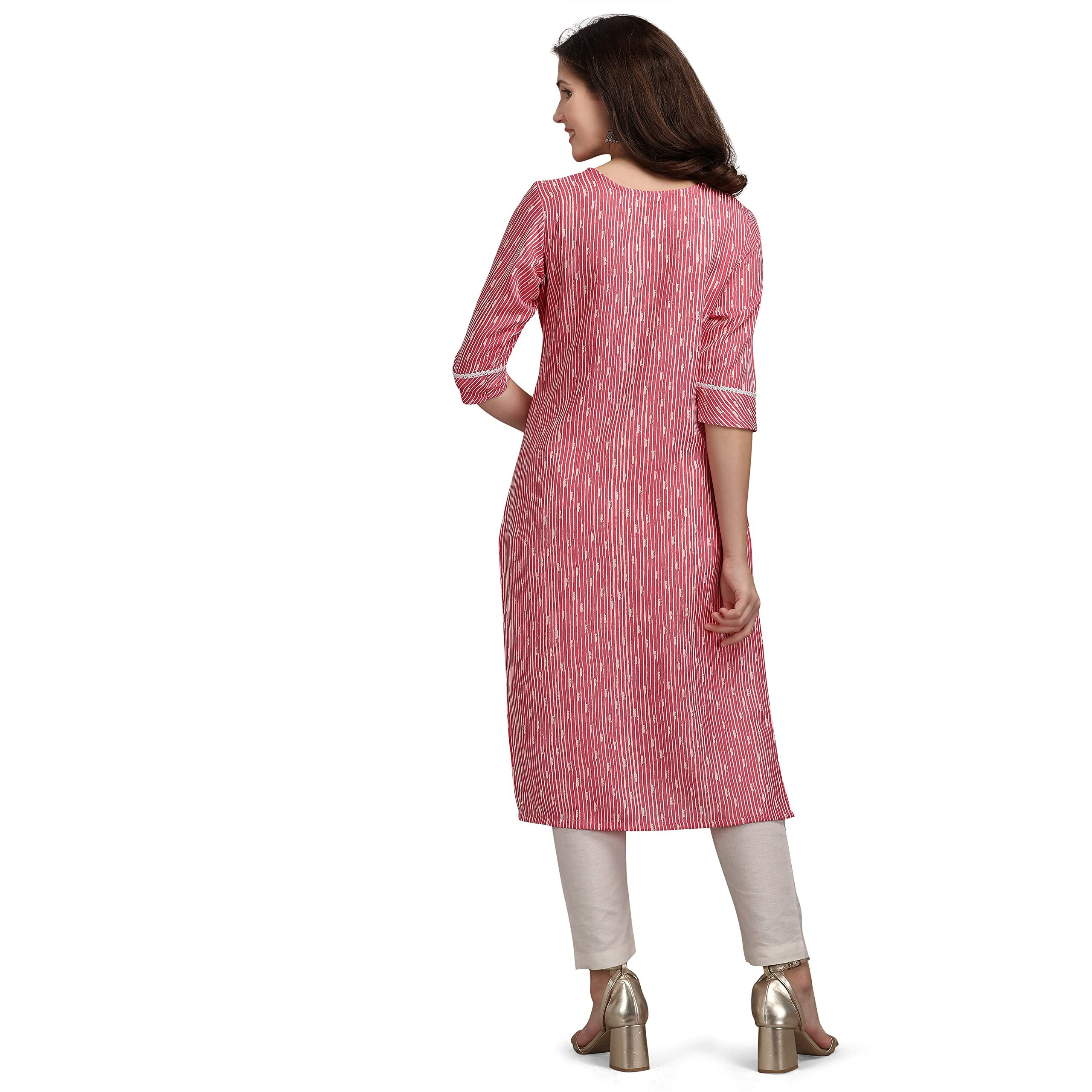NAINVISH Women's Cotton Blend Straight Round Neck Printed Kurta (SD197_K-XL_Pink)