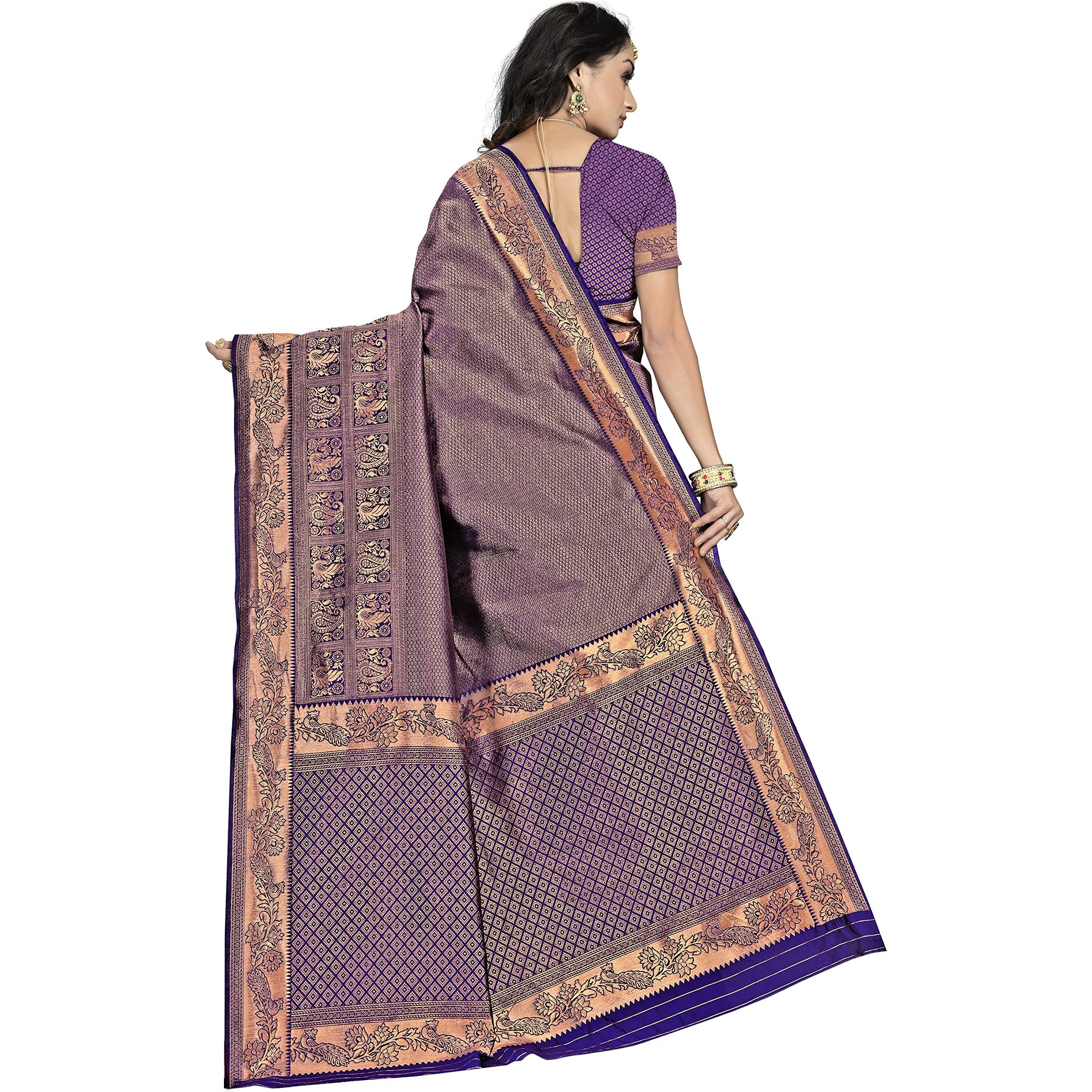 StyleScope Women's Banarasi Silk Jacquard Kanjivaram Saree With Litchi Silk Unstitched Blouse Piece (Silk Peacock Royal Blue_Royal Blue,Gold)