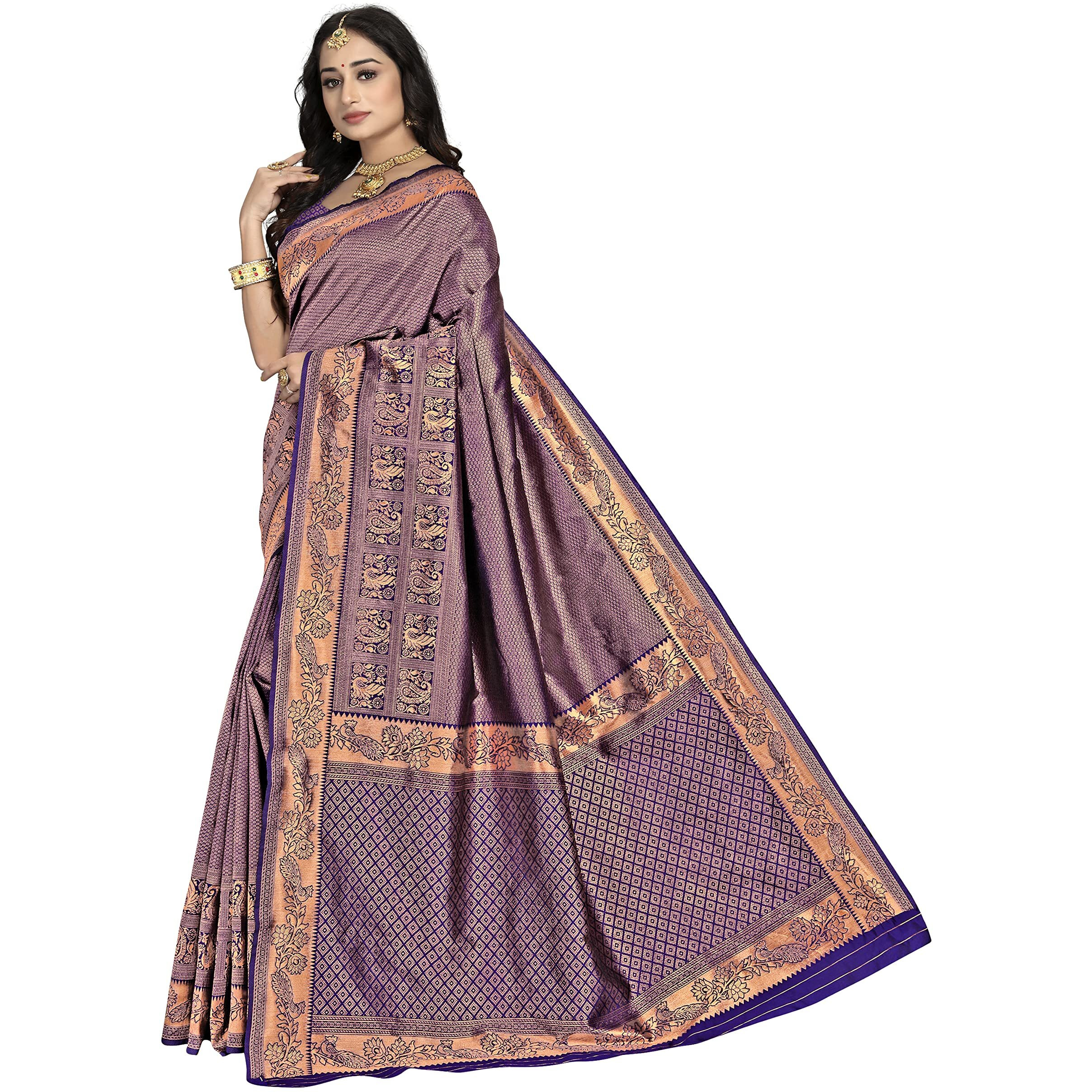 StyleScope Women's Banarasi Silk Jacquard Kanjivaram Saree With Litchi Silk Unstitched Blouse Piece (Silk Peacock Royal Blue_Royal Blue,Gold)