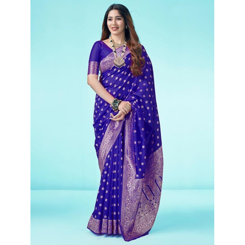 SAMAH Women's Banarasi Art Silk Saree (3412S155N_Royal Blue & Gold)