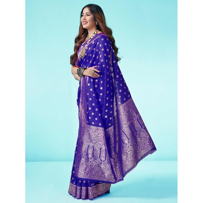 SAMAH Women's Banarasi Art Silk Saree (3412S155N_Royal Blue & Gold)