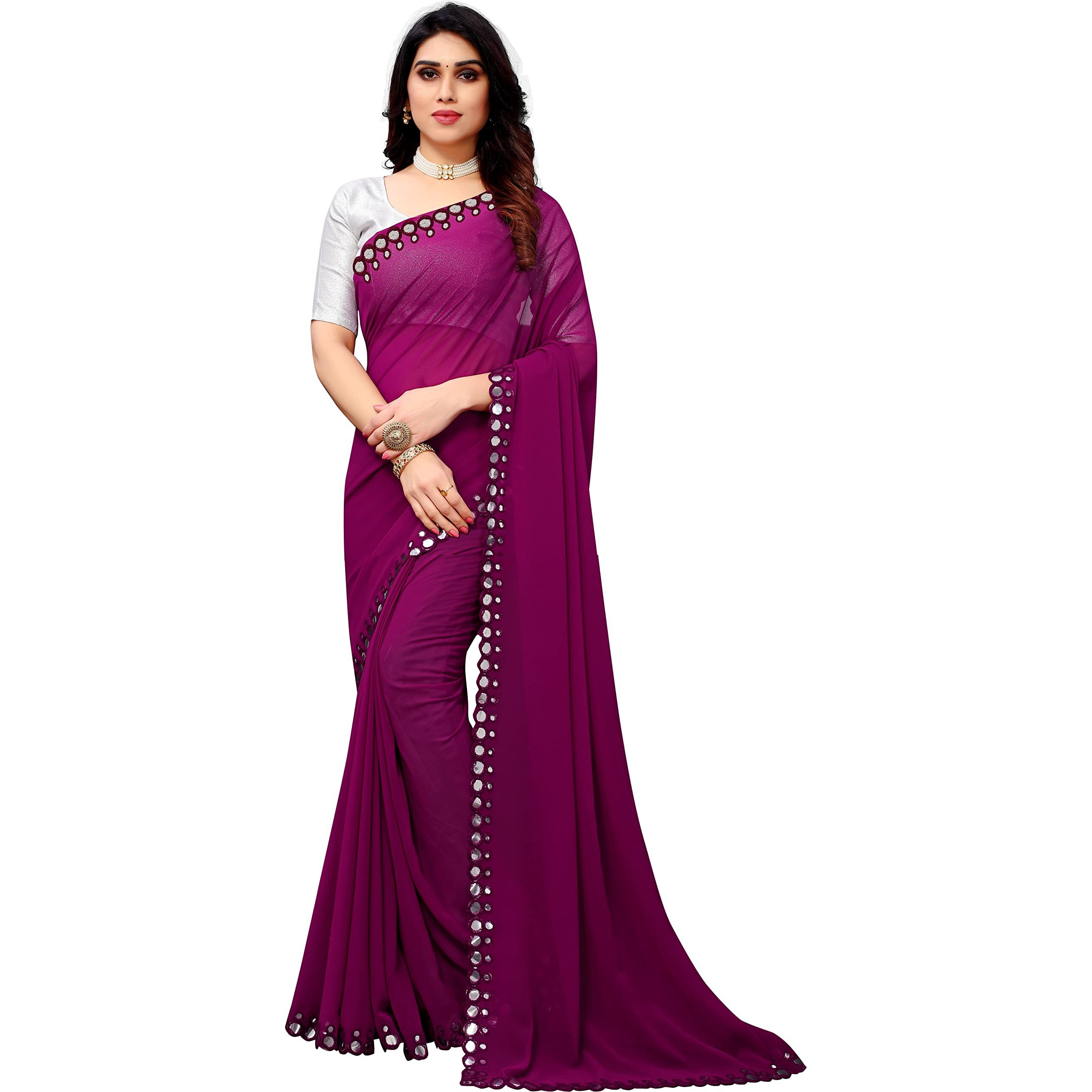 Florely Women's Designer Georgette (Mirror Saree_Colors_14_Wine)