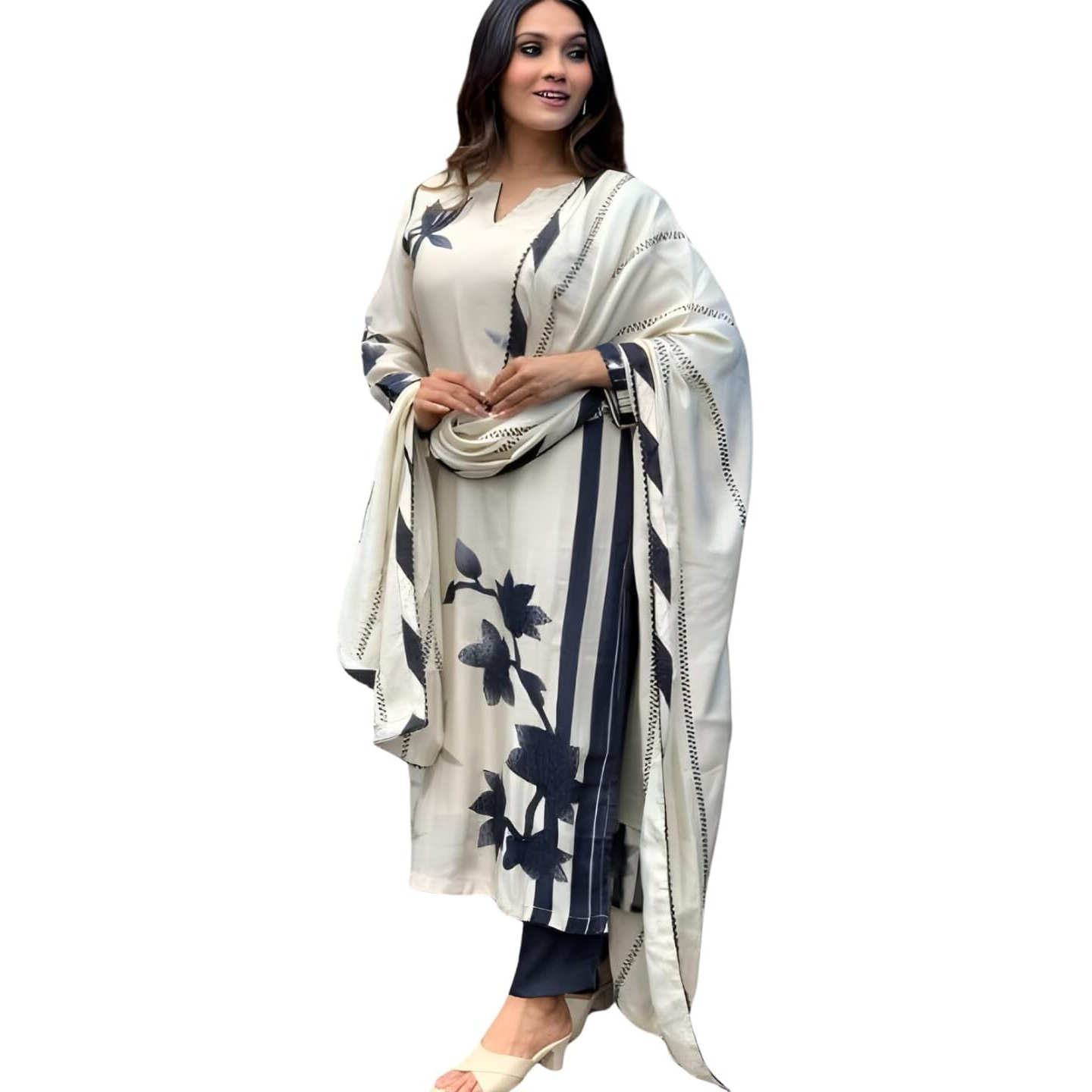 Naixa Women's White Muslin Printed Straight Kurta with Rayon Pant and Taby Printed Dupatta Sets (NX-SC-Barbie-White-M)