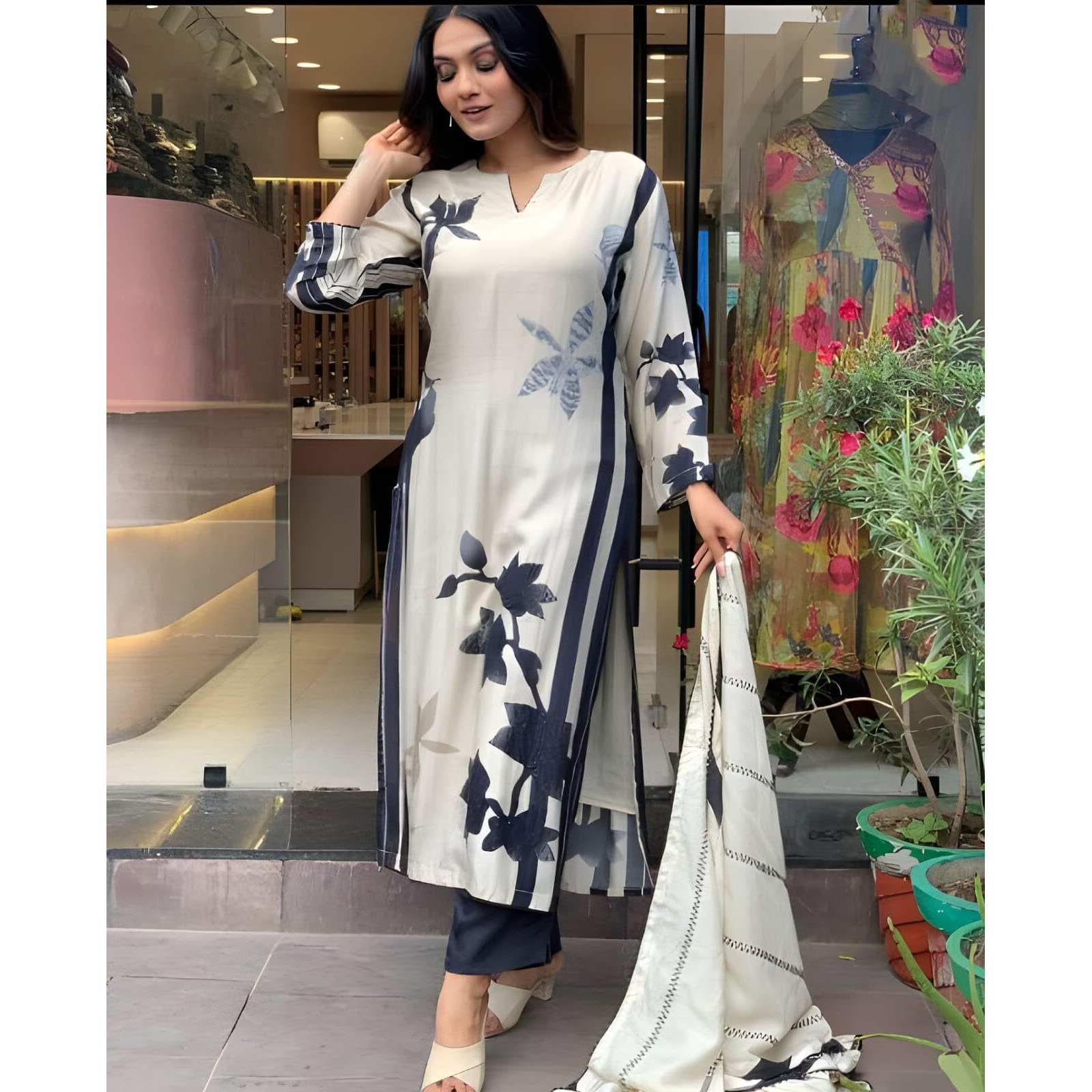 Naixa Women's White Muslin Printed Straight Kurta with Rayon Pant and Taby Printed Dupatta Sets (NX-SC-Barbie-White-M)