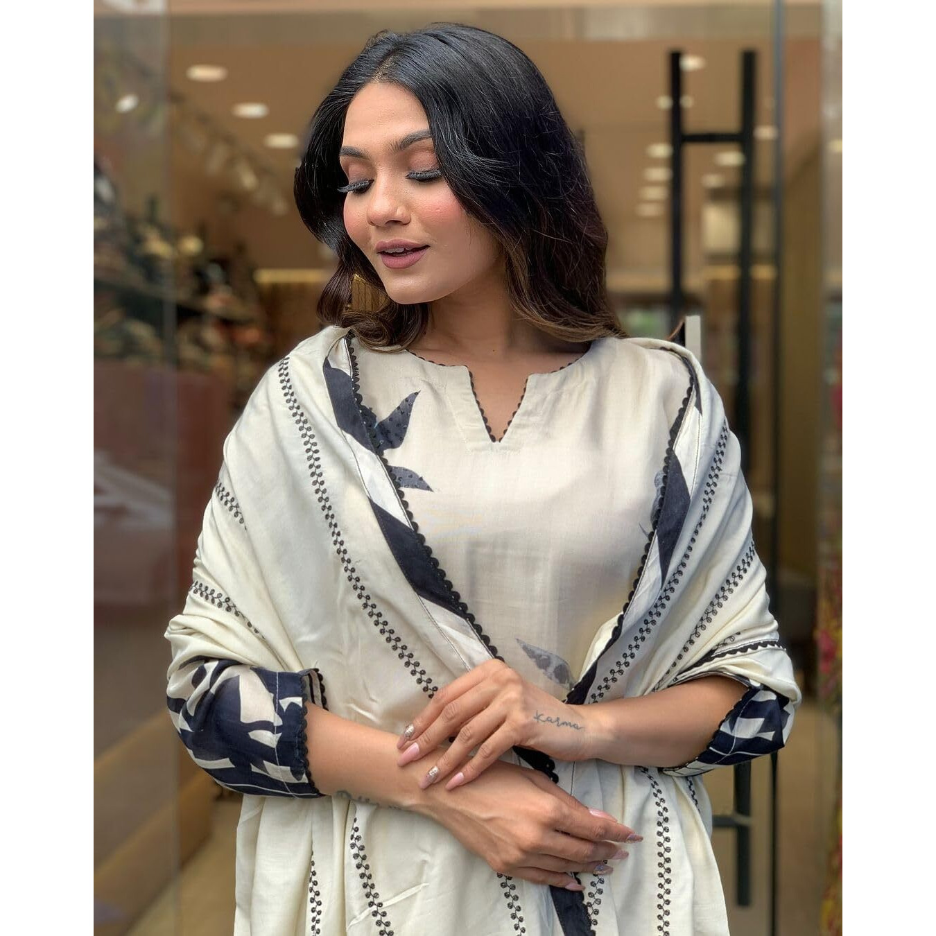 Naixa Women's White Muslin Printed Straight Kurta with Rayon Pant and Taby Printed Dupatta Sets (NX-SC-Barbie-White-M)