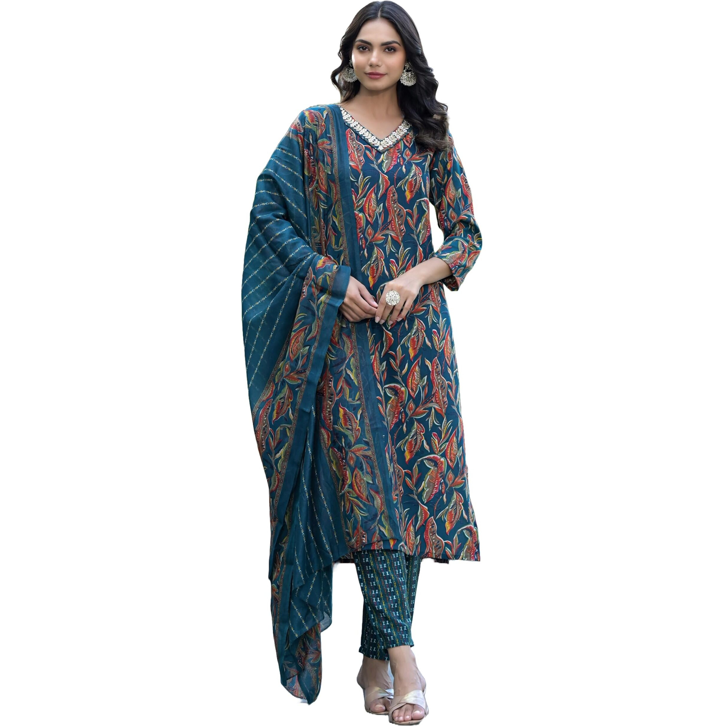 KLOSIA Women Printed Kurta and Pant Set with Dupattas (Small) Blue