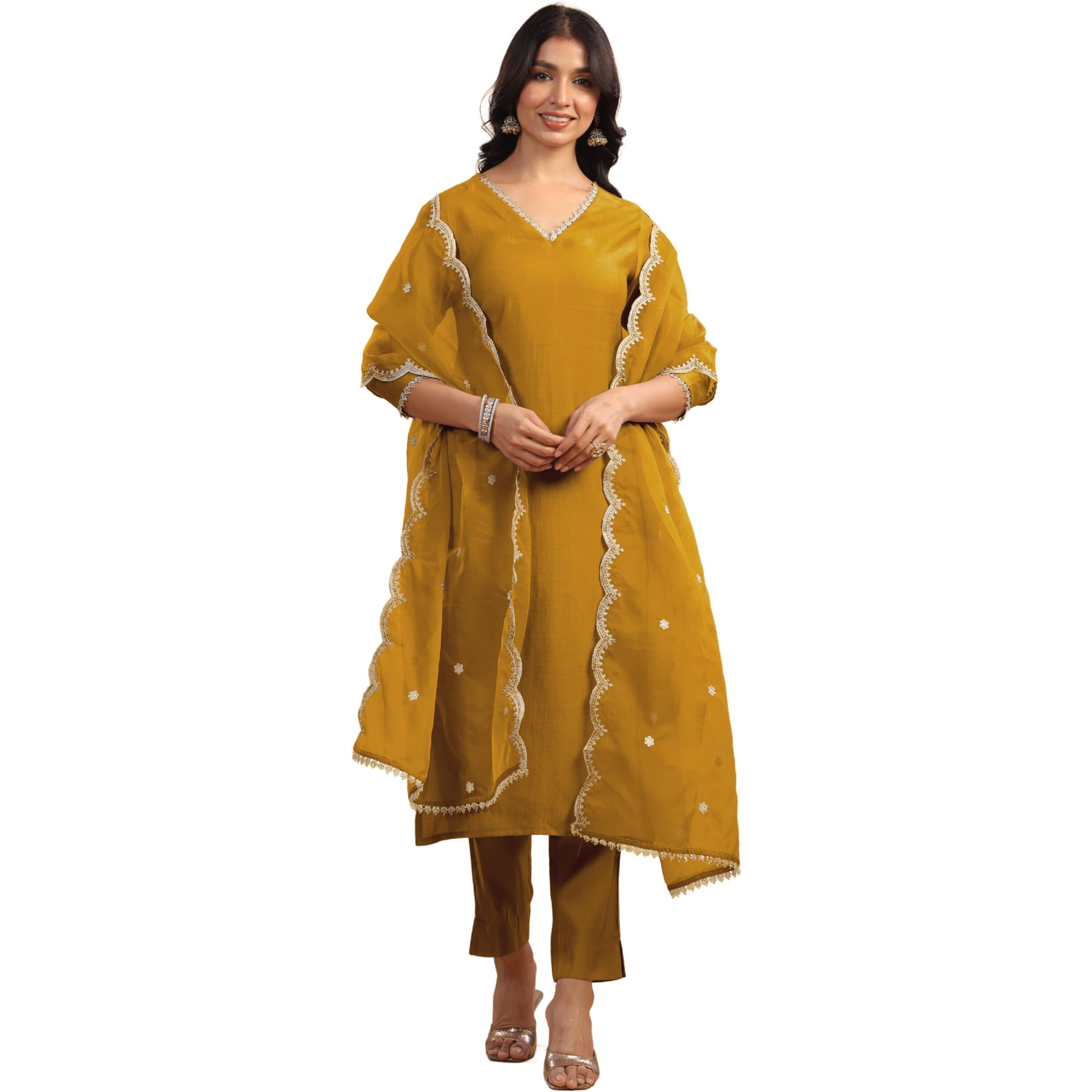 Janasya Women's Mustard Chanderi Silk Embellished Straight Kurta Set (JAC24ST01179-XS)