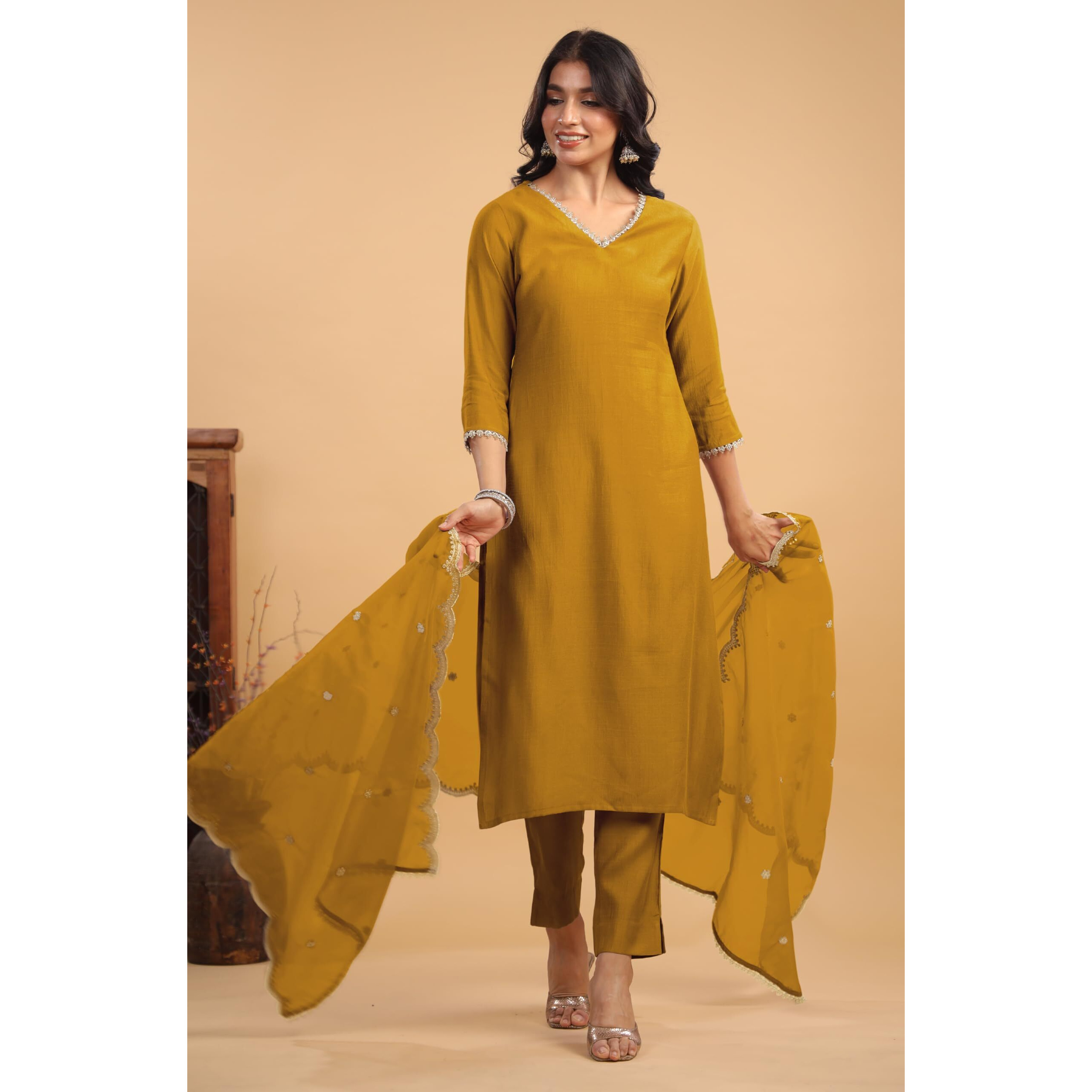 Janasya Women's Mustard Chanderi Silk Embellished Straight Kurta Set (JAC24ST01179-XS)