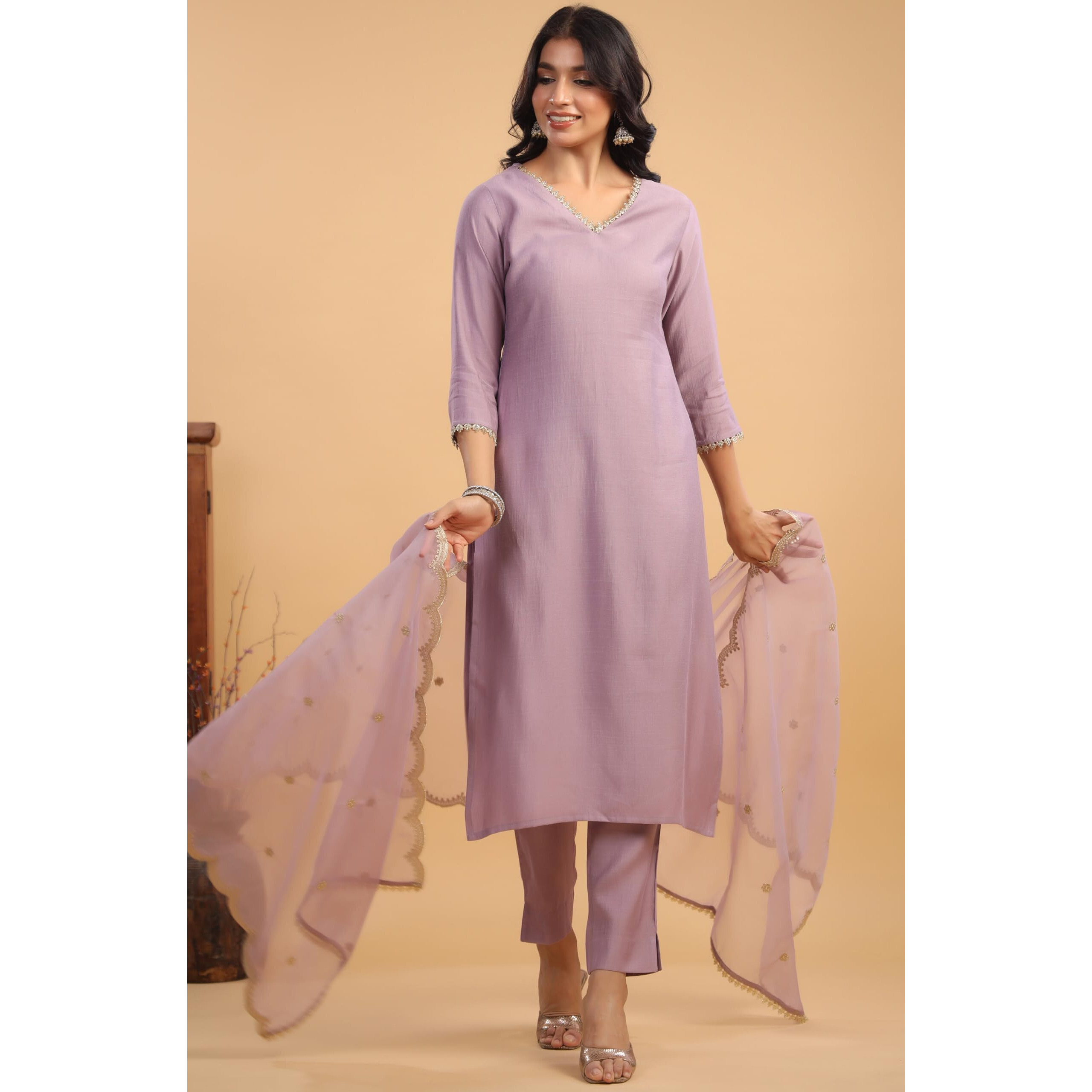 Janasya Women's Lavender Chanderi Silk Emabellished Straight Kurta Set (JAC24ST01175-M)