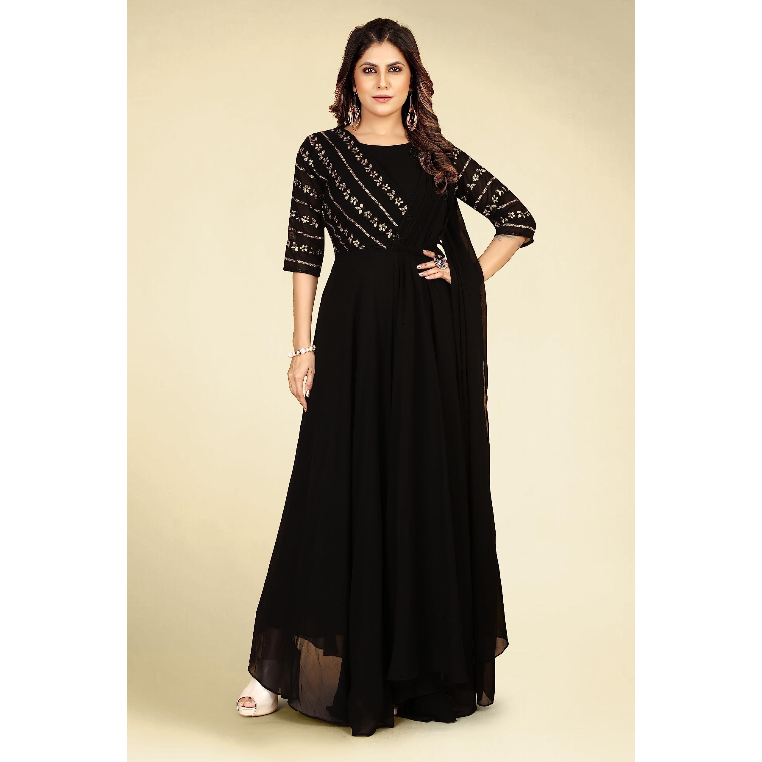 ROYALICA Gown for Women - Georgette Matt Sequence Embroidery Regular Fit A-Line Gown with Attached Dupatta for Women ((Large, Black)