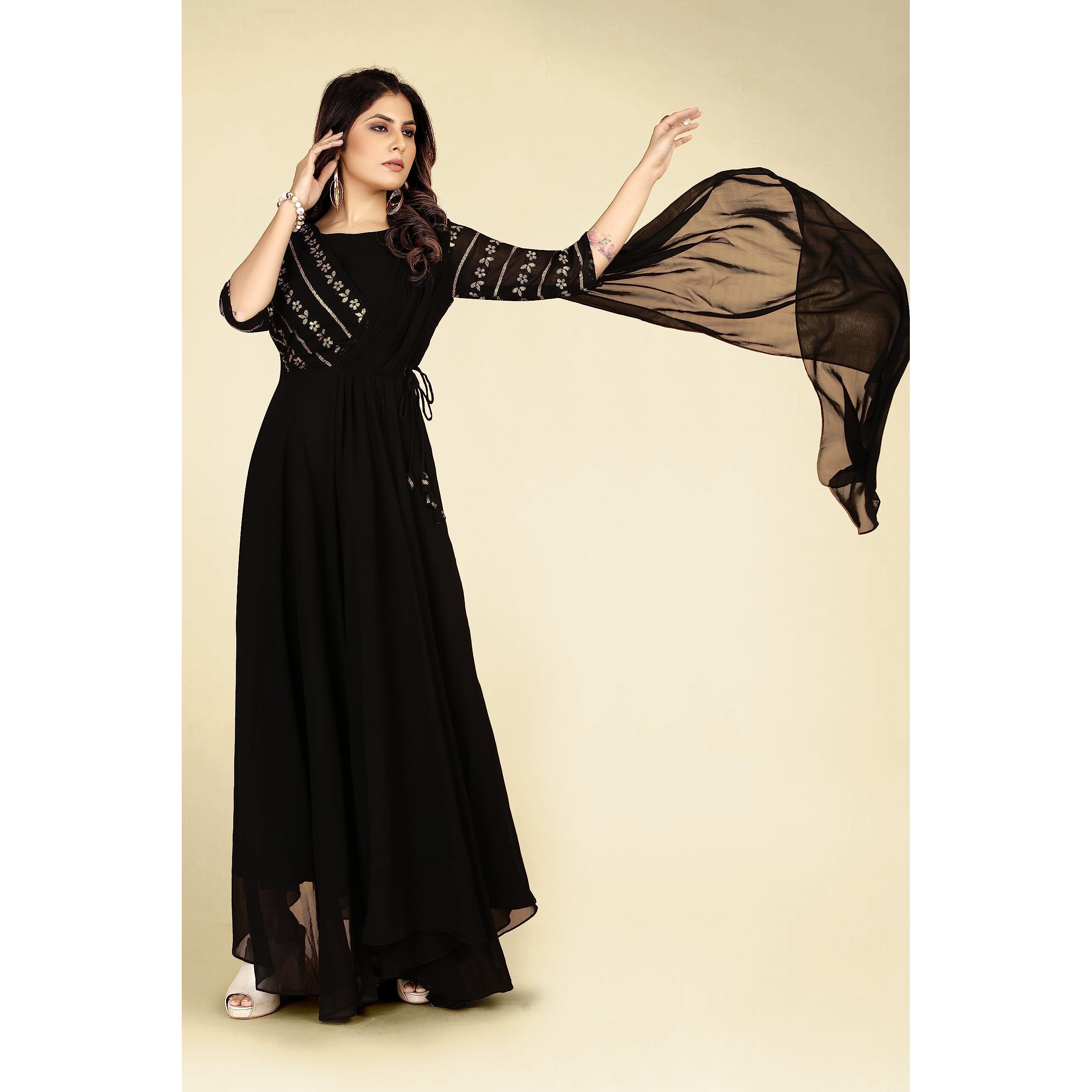 ROYALICA Gown for Women - Georgette Matt Sequence Embroidery Regular Fit A-Line Gown with Attached Dupatta for Women ((Large, Black)