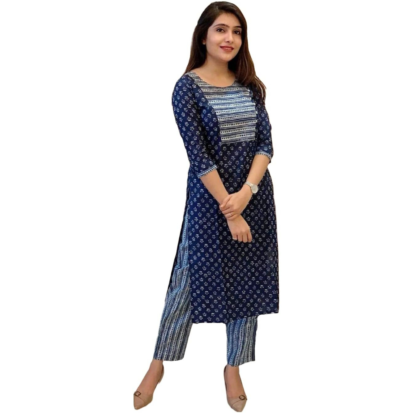 ANNI DESIGNER Women's Cotton Blend Straight Printed Kurta with Pant (Kuhoo Blue_XXL_Blue_XX-Large)