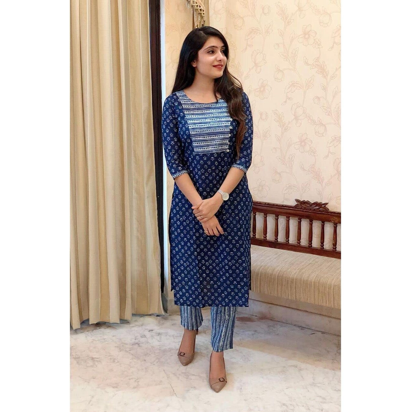 ANNI DESIGNER Women's Cotton Blend Straight Printed Kurta with Pant (Kuhoo Blue_XXL_Blue_XX-Large)