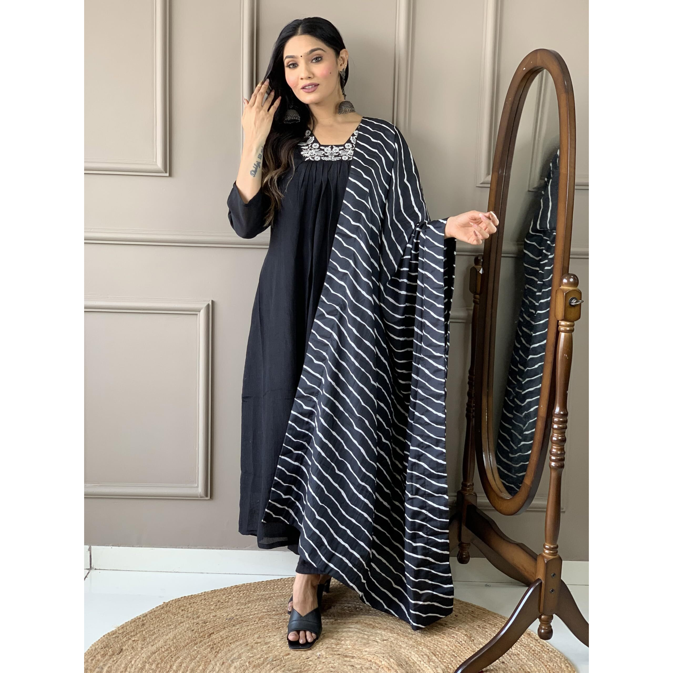 Naixa Women's Black Silk Chiffon Embroidered Flared Kurta with Silk Chiffon Pant and Poly Chiffon Printed Dupatta Sets (NX-452-Black-M)