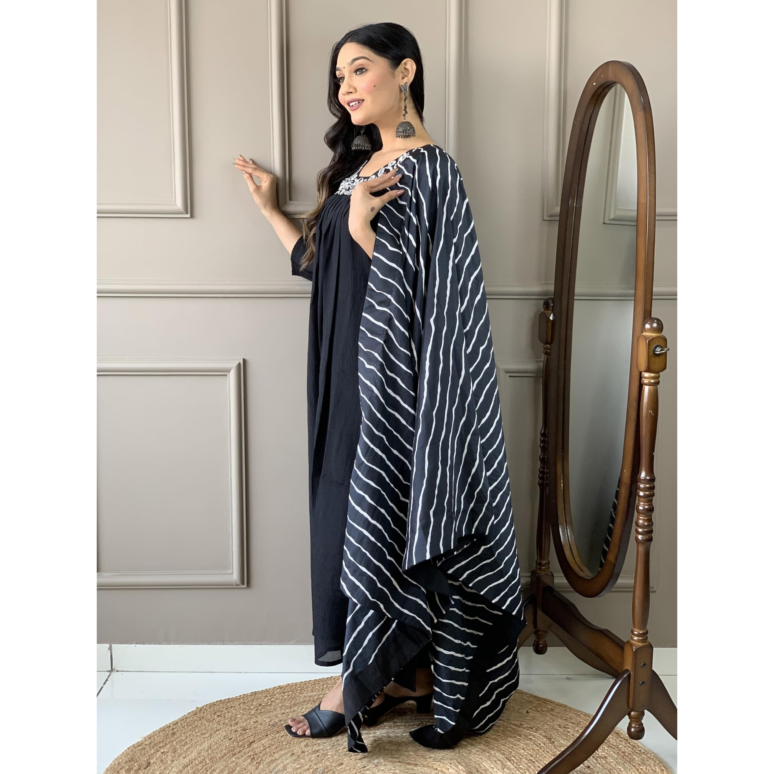 Naixa Women's Black Silk Chiffon Embroidered Flared Kurta with Silk Chiffon Pant and Poly Chiffon Printed Dupatta Sets (NX-452-Black-M)