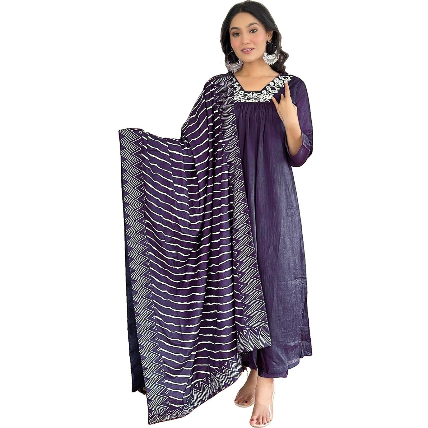 Naixa Women's Wine Silk Chiffon Embroidered Flared Kurta with Silk Chiffon Pant and Poly Chiffon Printed Dupatta Sets (NX-516-Wine-S)
