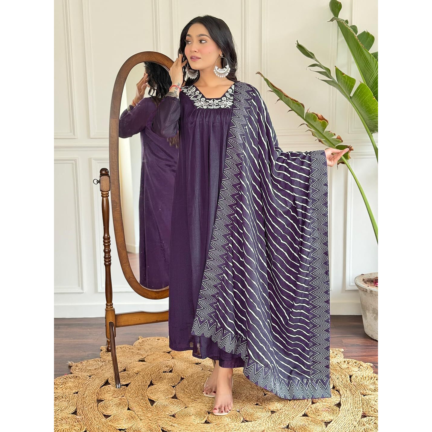 Naixa Women's Wine Silk Chiffon Embroidered Flared Kurta with Silk Chiffon Pant and Poly Chiffon Printed Dupatta Sets (NX-516-Wine-S)