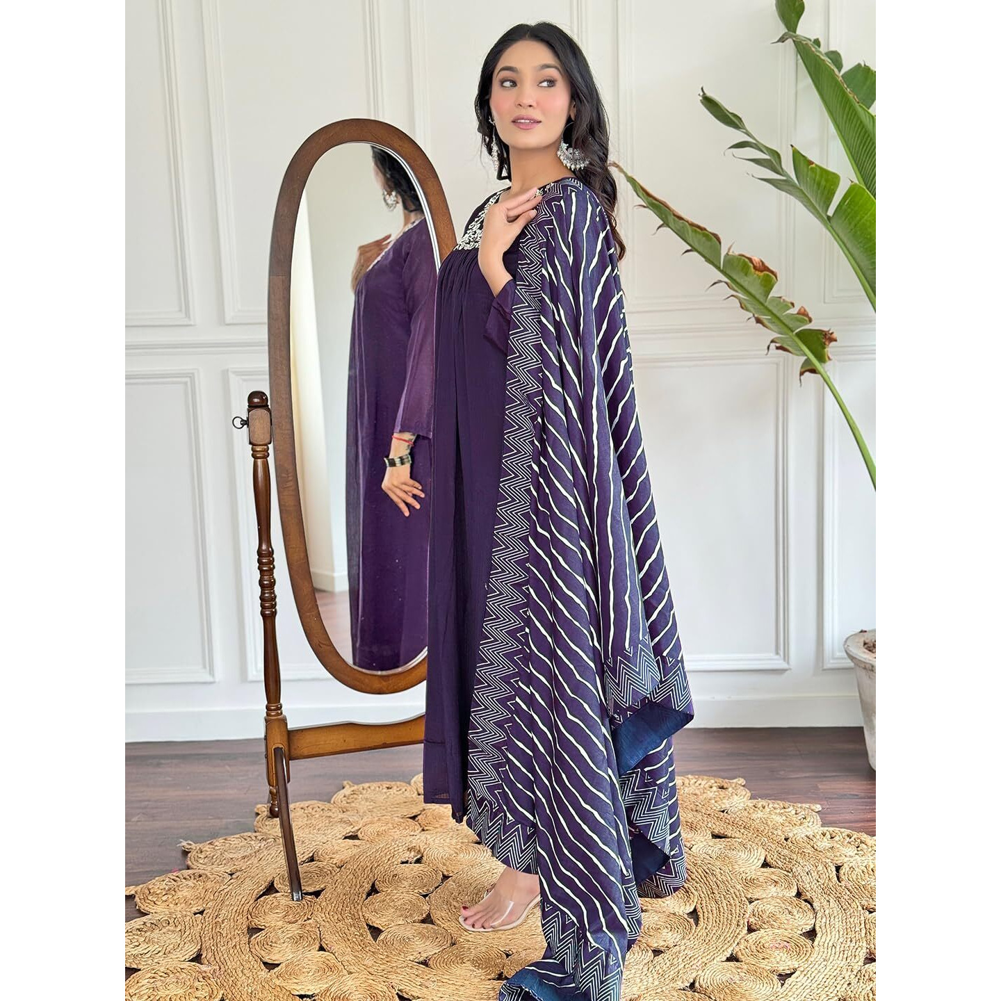 Naixa Women's Wine Silk Chiffon Embroidered Flared Kurta with Silk Chiffon Pant and Poly Chiffon Printed Dupatta Sets (NX-516-Wine-S)