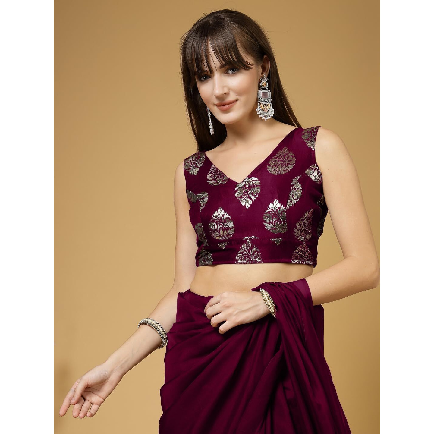 OOMPH Women's Indian Ethnic Wear Designer Big Paisley Pattern Zari Work V Neck Sleeveless Aubergine Purple Color Brocade Readymade Blouse for Saree or Lehnga and Fusion Twist. XXL