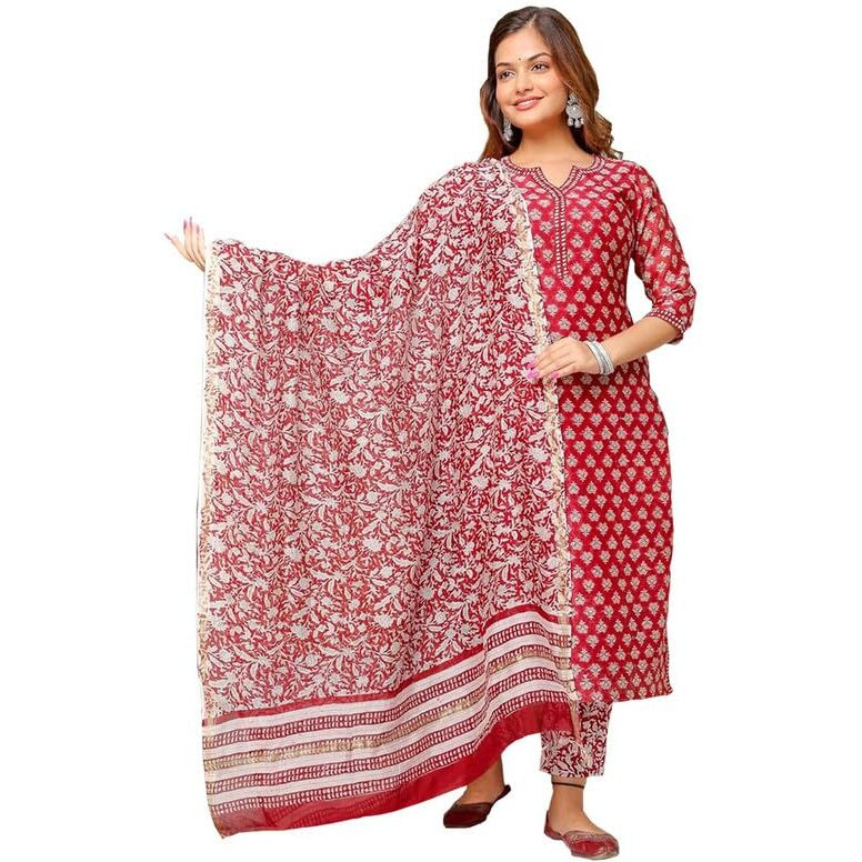 Pinkmint Women Cotton Blend Straight Printed Kurta with Pant & Dupatta Red
